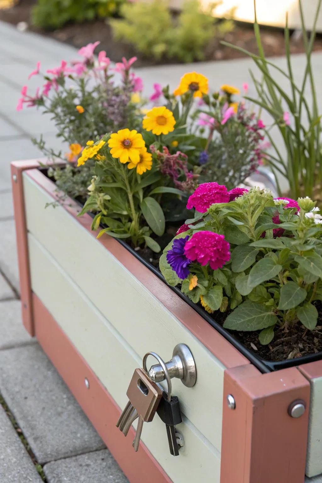 A planter box with a hidden compartment surrounded by colorful blooms, offering a secretive twist.
