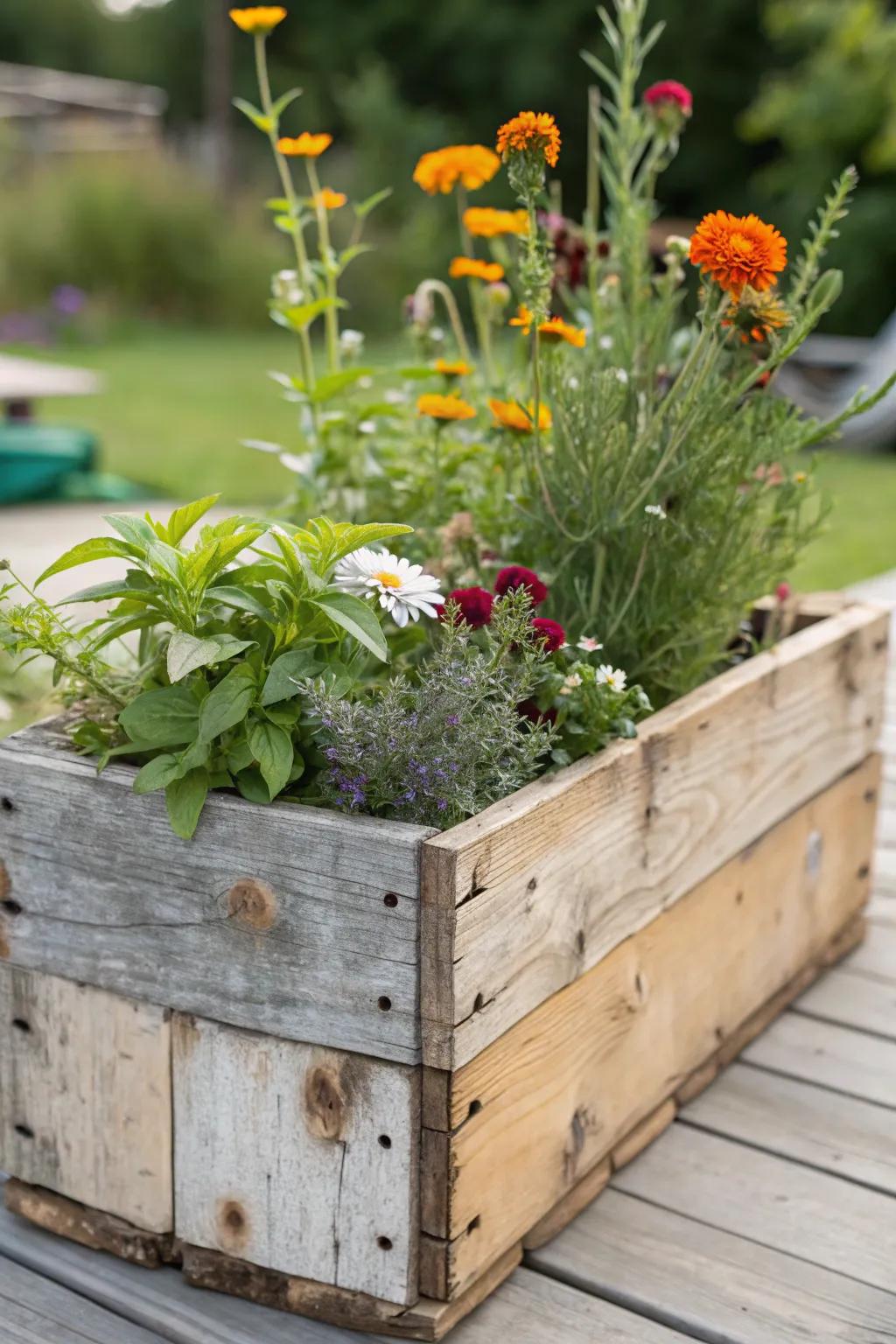 A rustic reclaimed wood planter box filled with wildflowers and herbs.