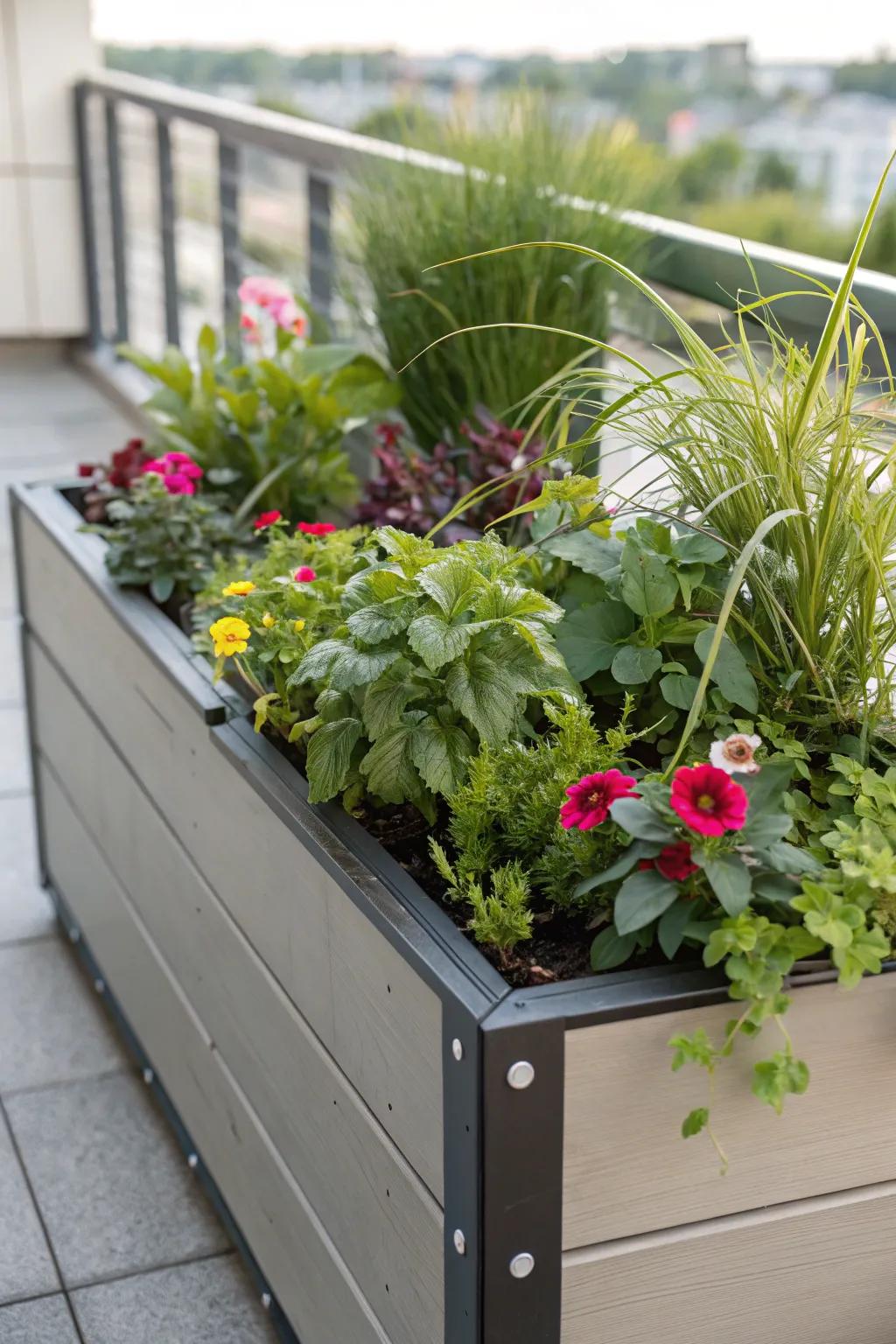 A self-watering planter box, ensuring lush greenery with minimal maintenance.