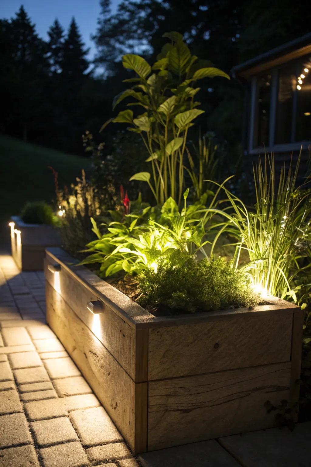 A planter box with integrated LED lights, showcasing plants beautifully at night.