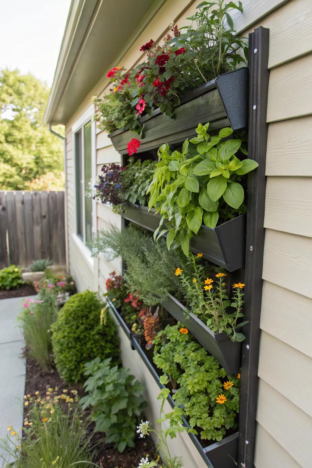 Vertical garden planter box with herbs and flowers, making a stunning wall display.