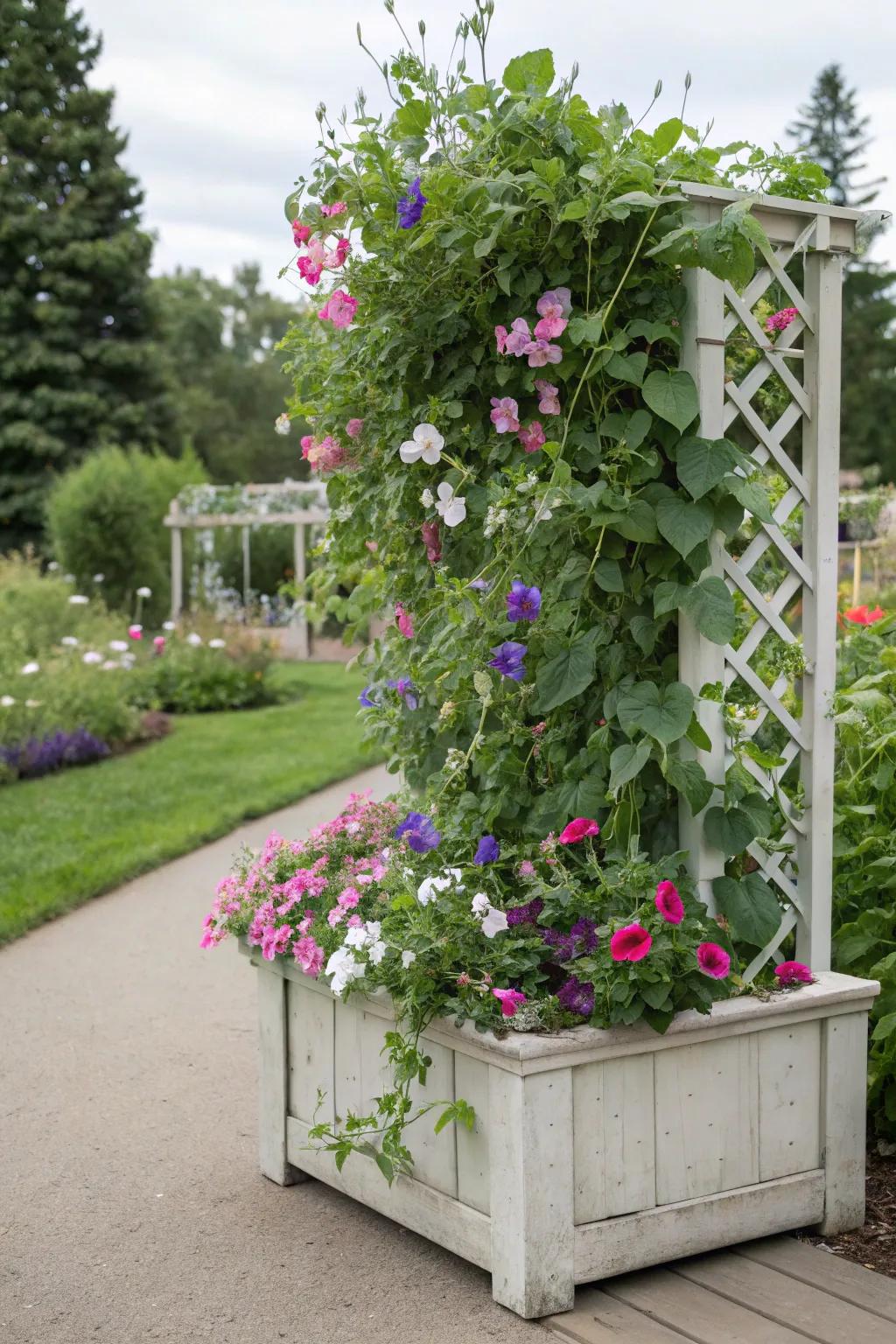 A trellis planter box with climbing sweet peas, adding vertical interest.