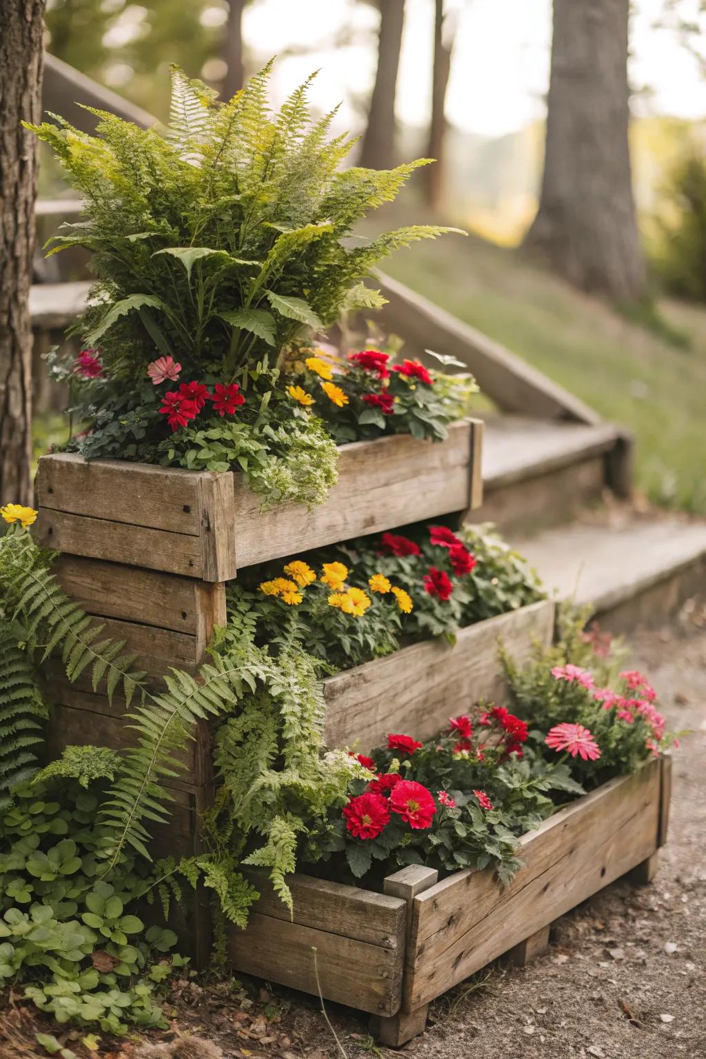 A tiered planter box, showcasing layers of flowers and ferns for a lush look.