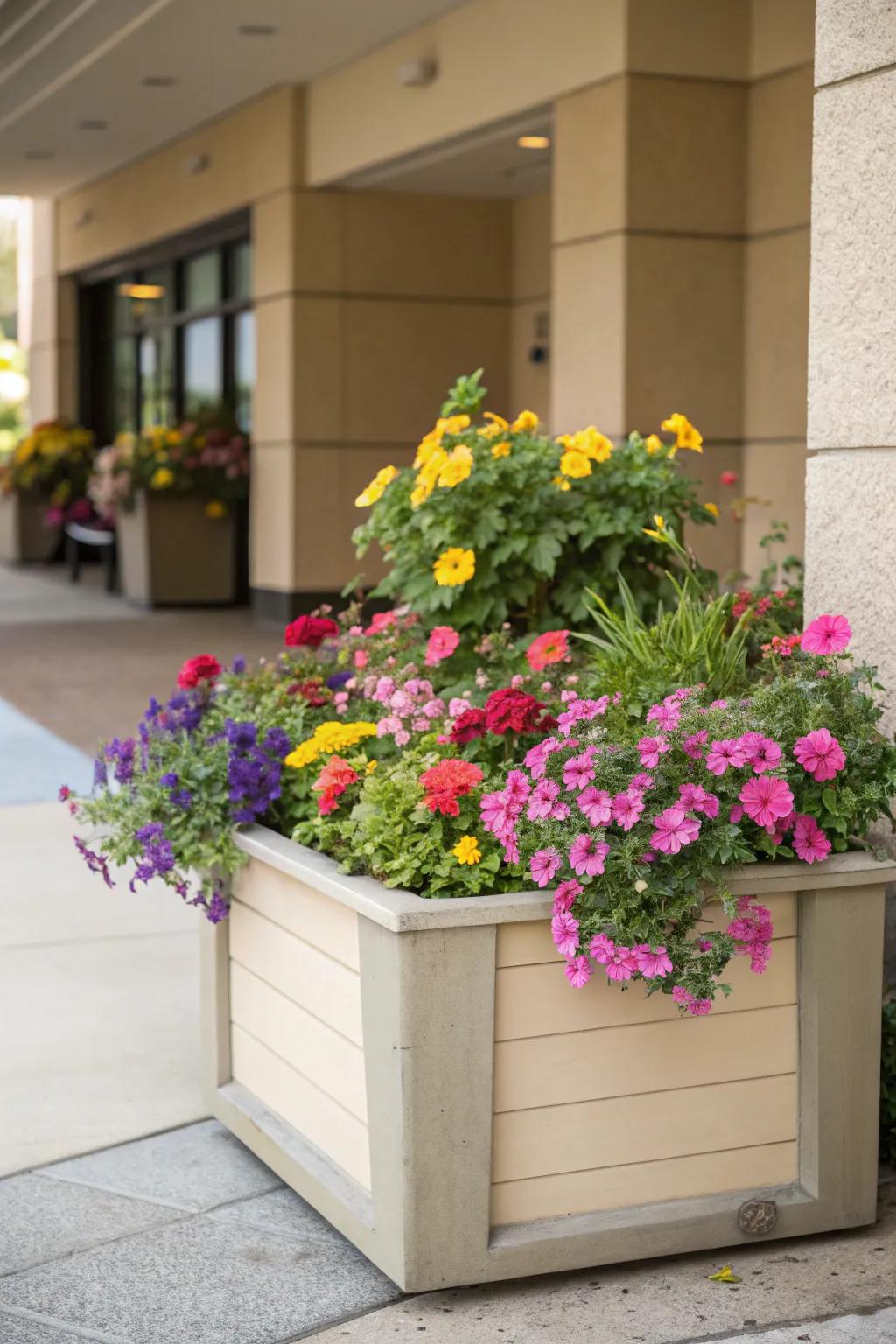 A corner planter box filled with colorful flowers, adding coziness to an entrance.