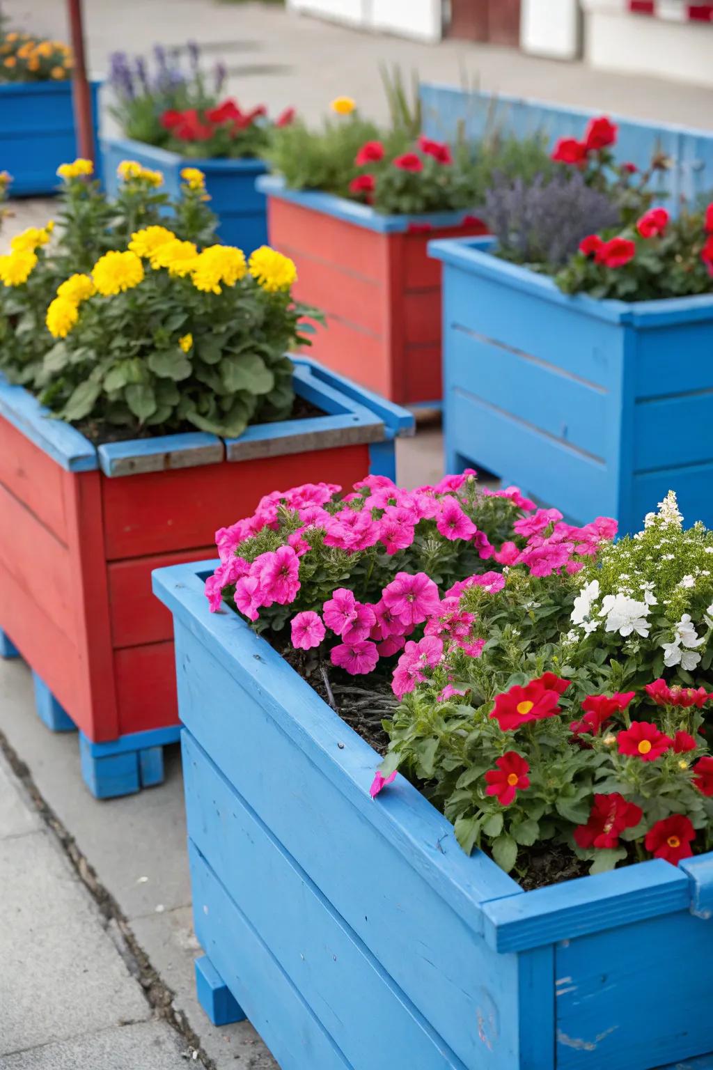 Colorful planter boxes in vibrant hues, adding a bold statement to the front yard.