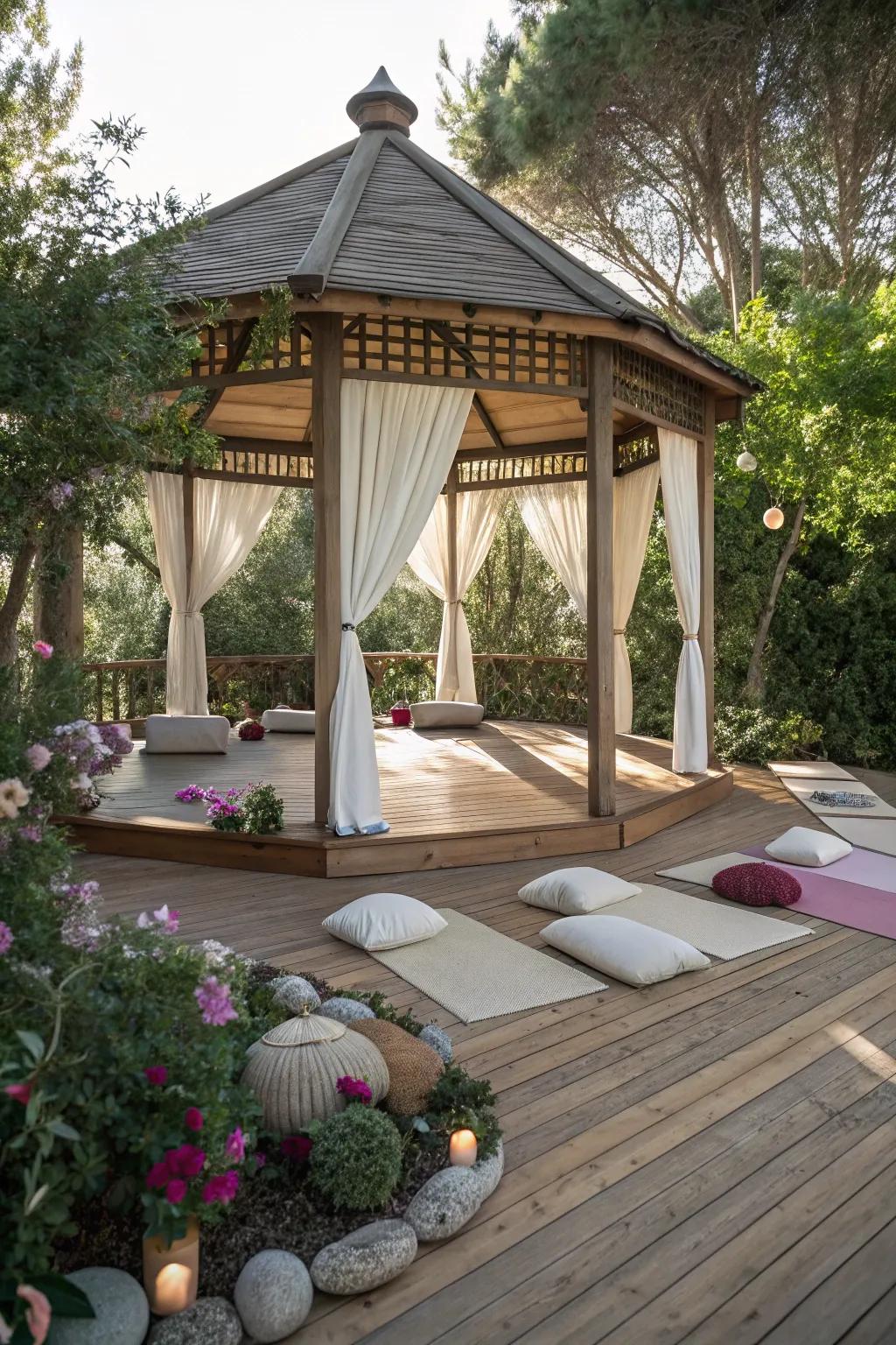 A peaceful yoga and meditation retreat within a gazebo.