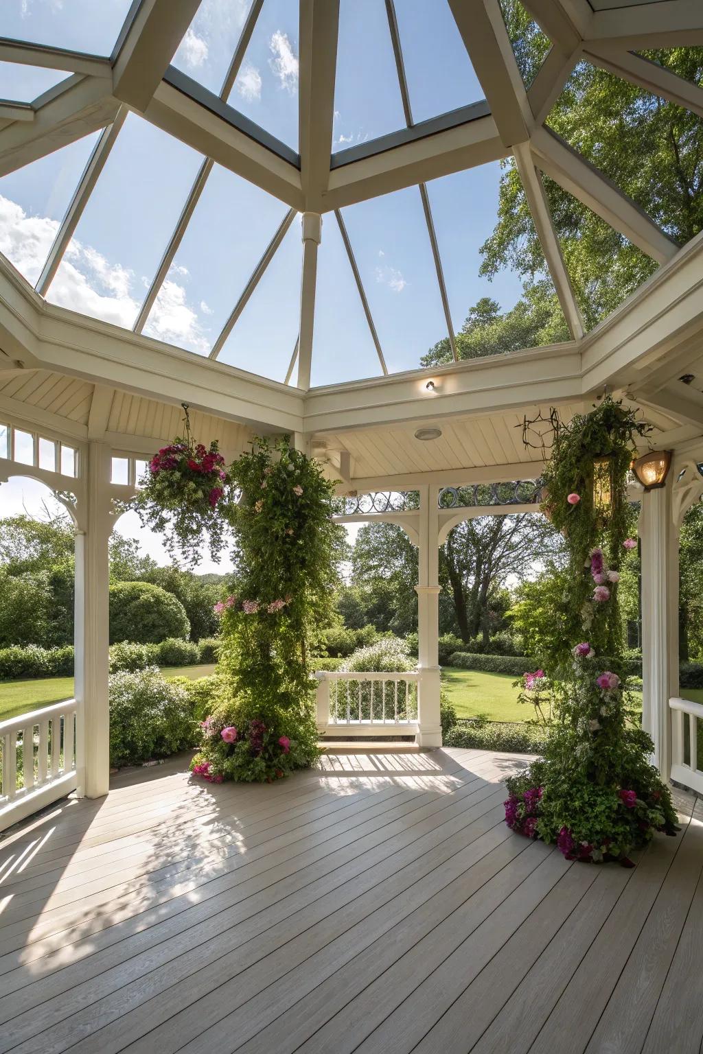 A bright gazebo with skylights for a serene outdoor experience.