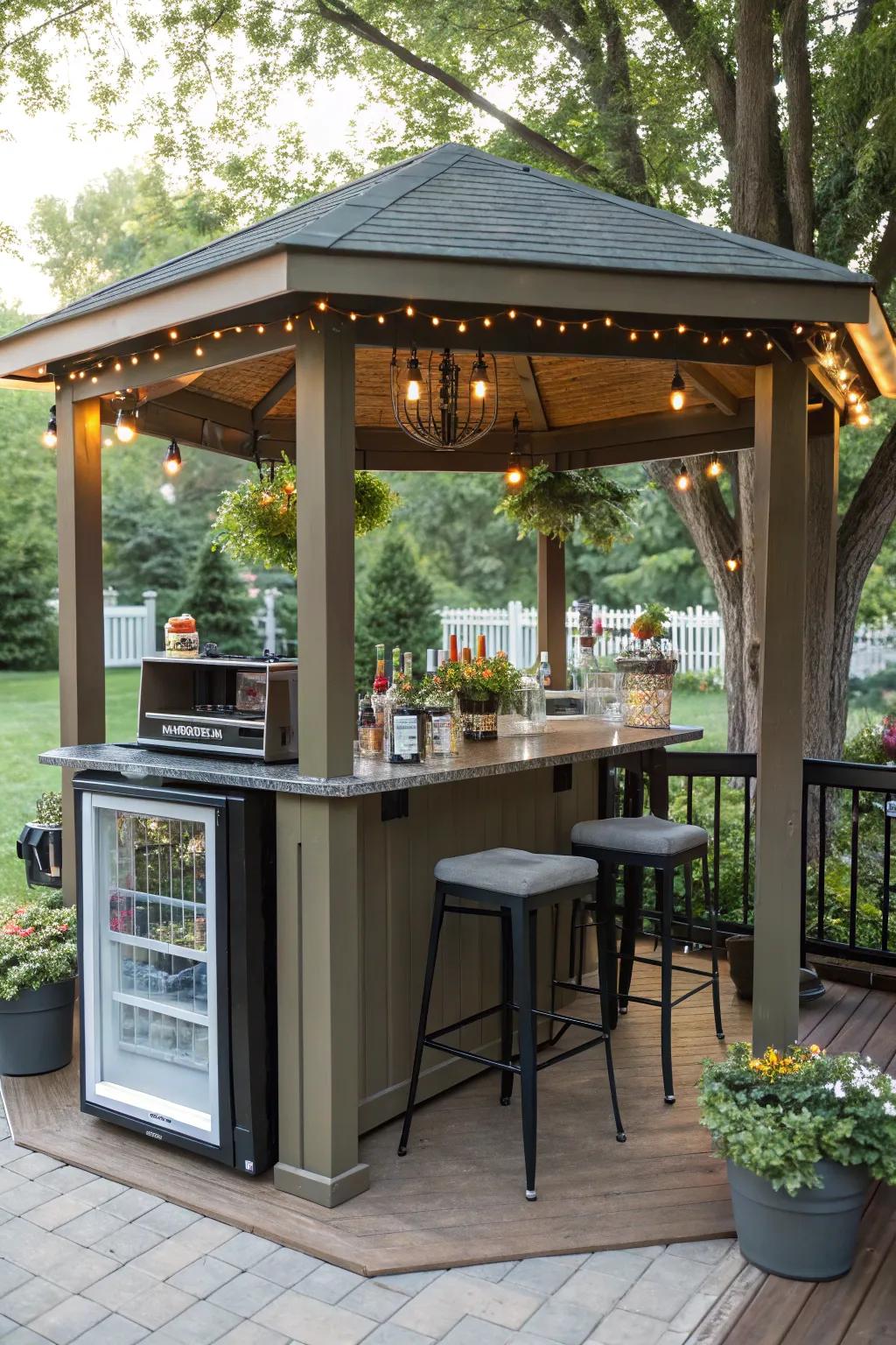 A stylish outdoor bar within a welcoming gazebo.