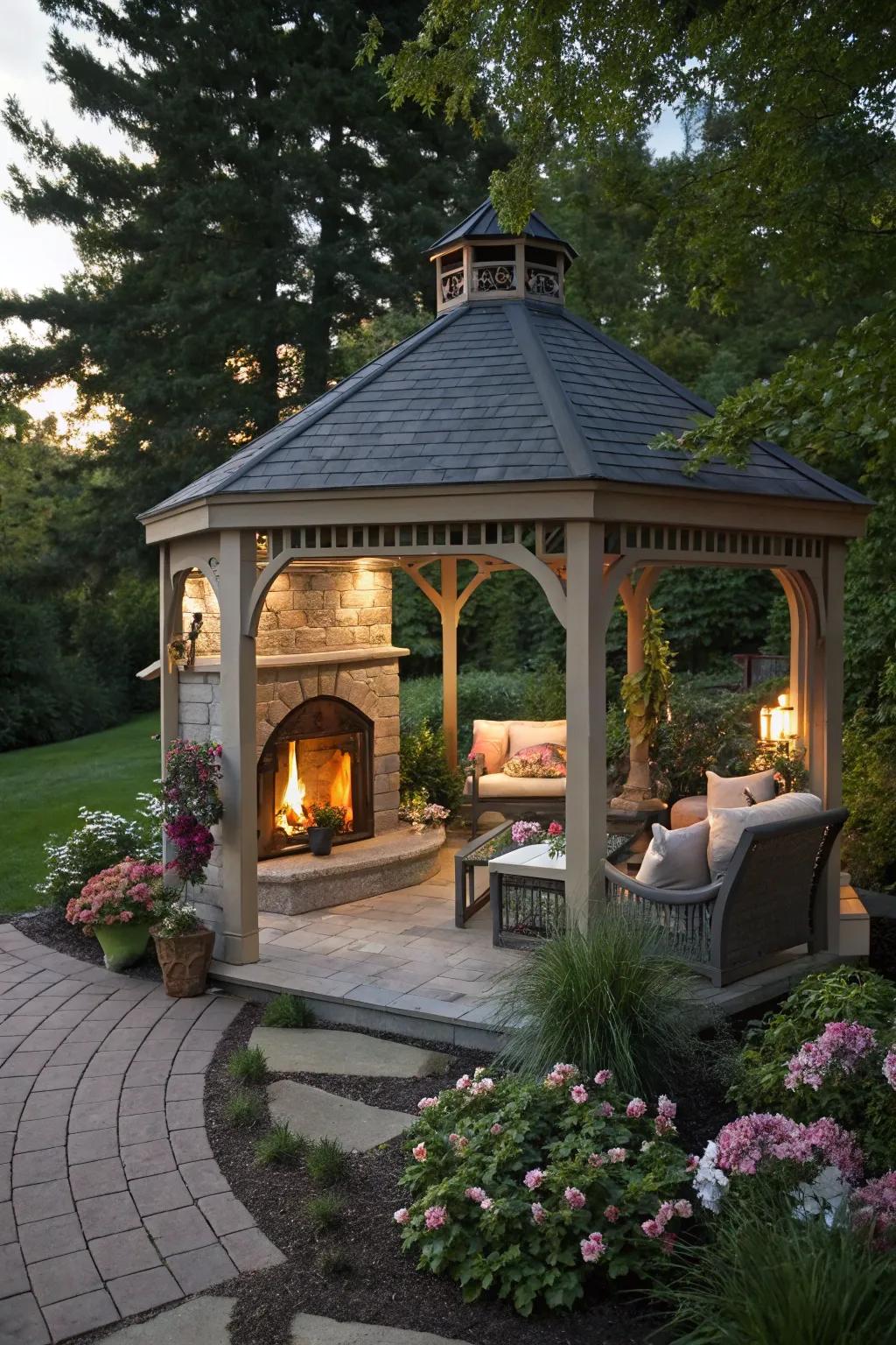 A cozy fireplace setting within a charming gazebo.