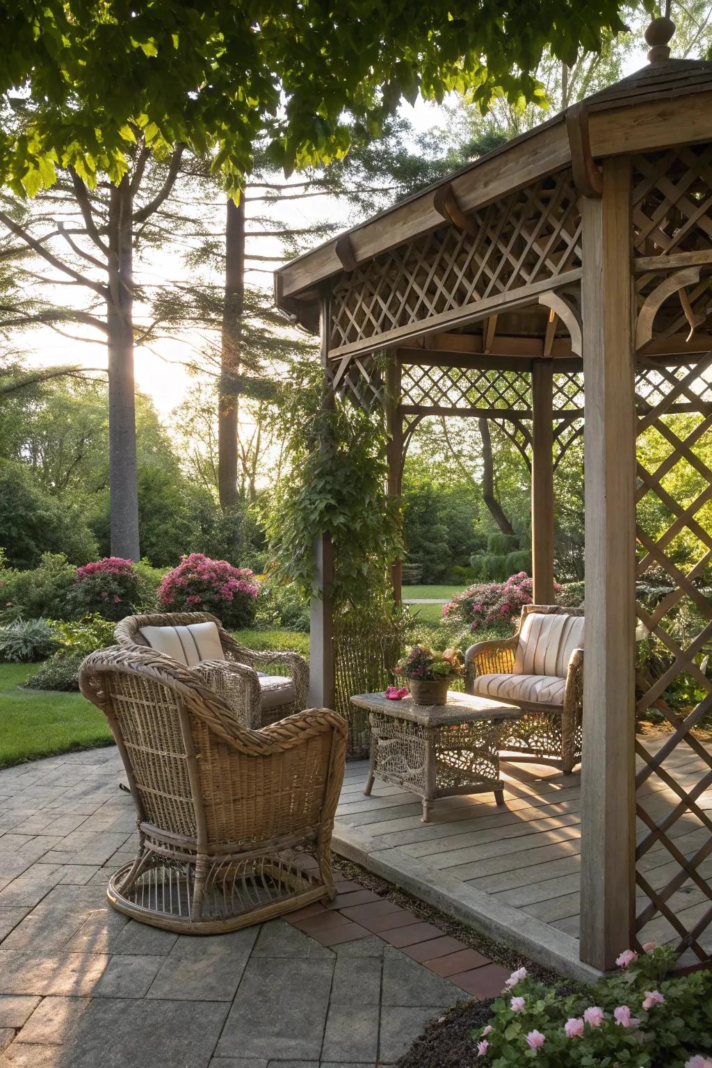An elegant open-air lattice gazebo with natural green surroundings.