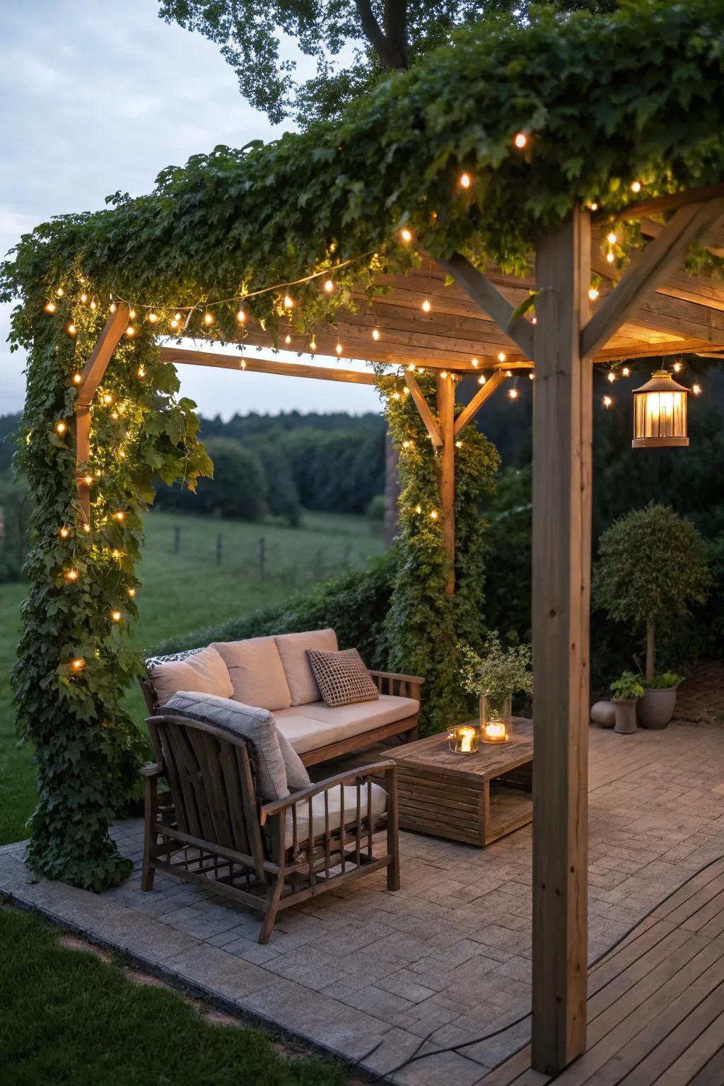 A cozy pergola corner with inviting seating and enchanting string lights.