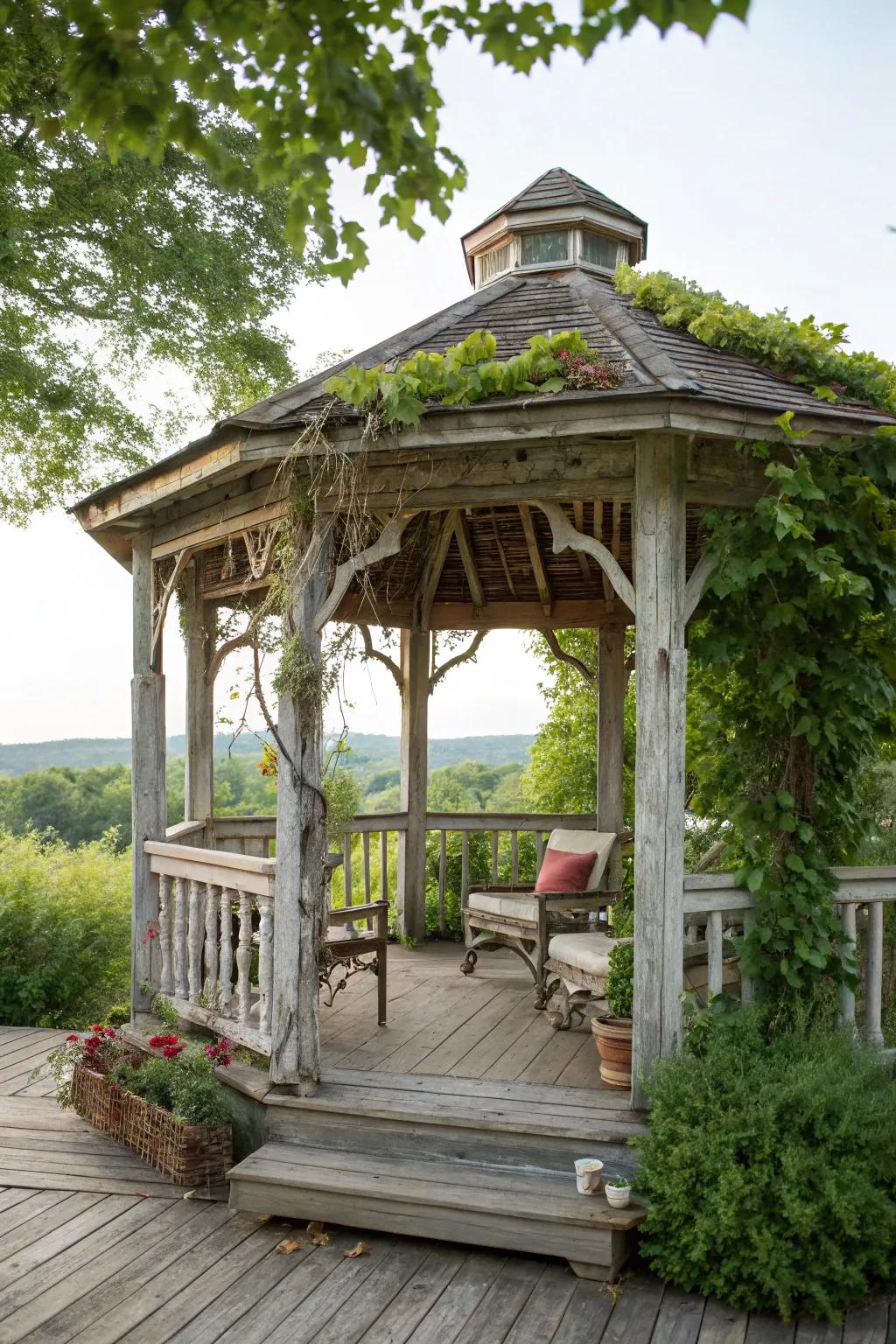 A classic wooden gazebo with climbing vines, offering a rustic and inviting atmosphere.