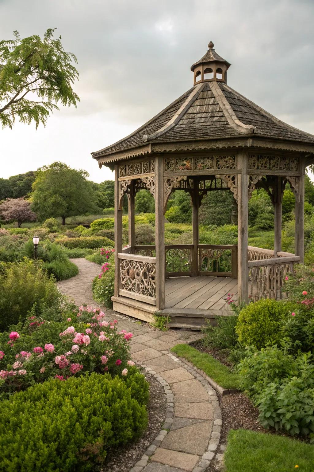 A striking octagonal gazebo with beautiful garden views.