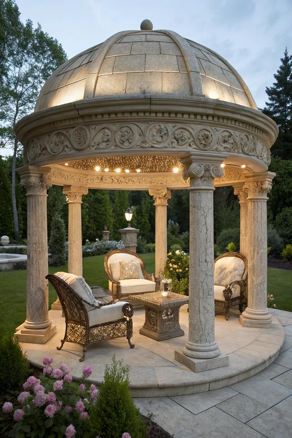 A sophisticated stone gazebo with plush seating.