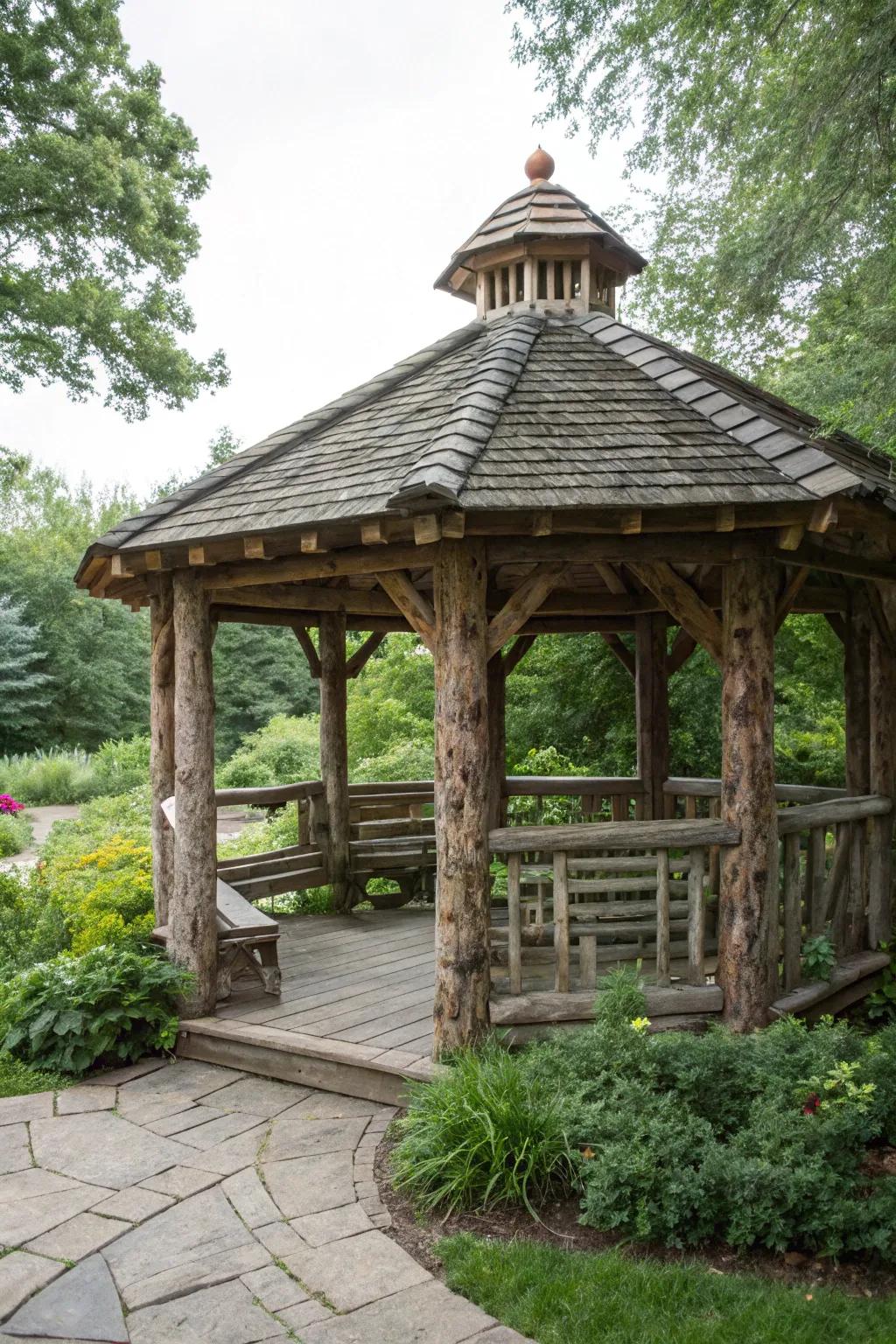 A log cabin-style gazebo, offering rustic charm and warmth.