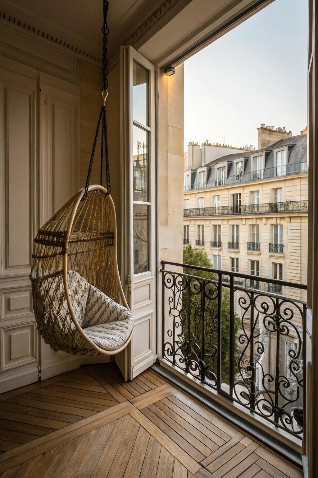 A hanging chair provides a fun and cozy spot to relax.
