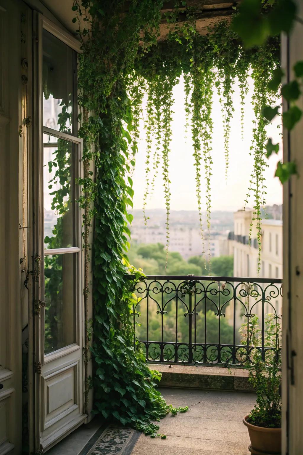 A green curtain offers shade and a lush, natural feel.