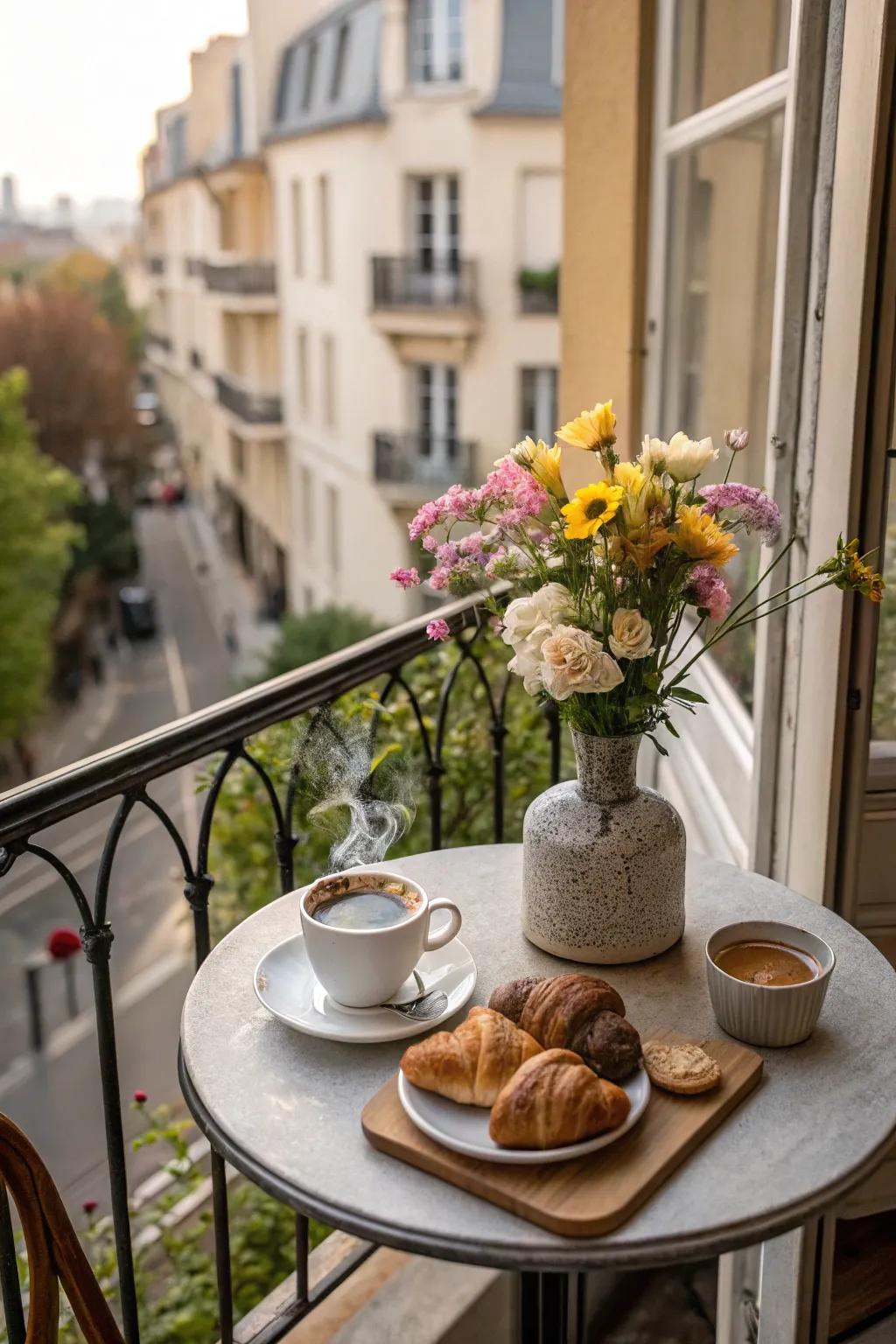 A breakfast nook on your balcony brings a touch of Parisian lifestyle home.