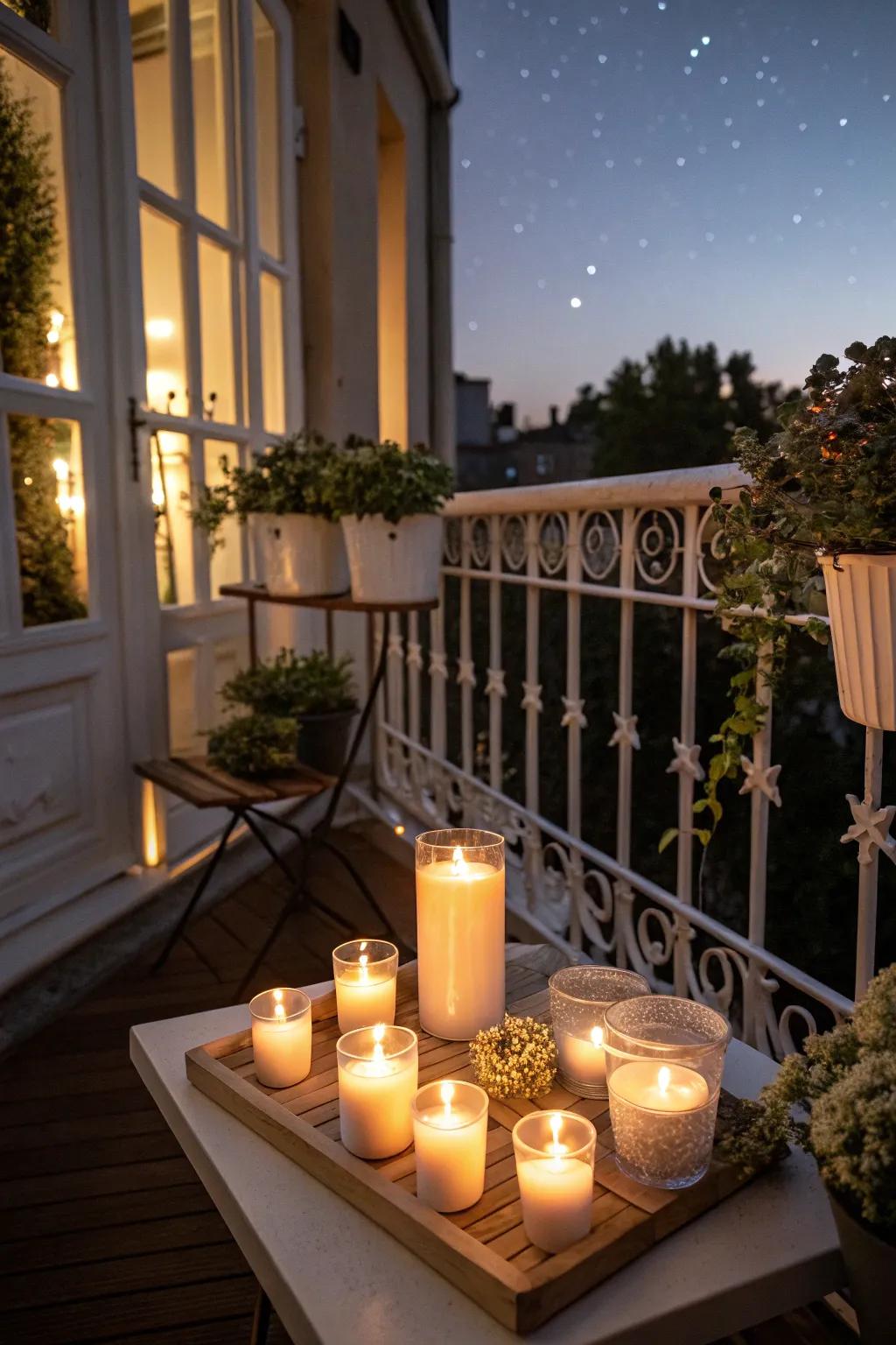 Scented candles add aroma and ambiance to your balcony retreat.