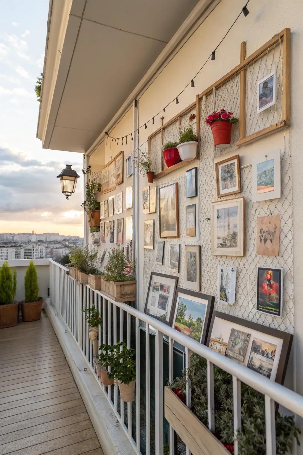 A DIY art wall personalizes your balcony with creativity and memories.