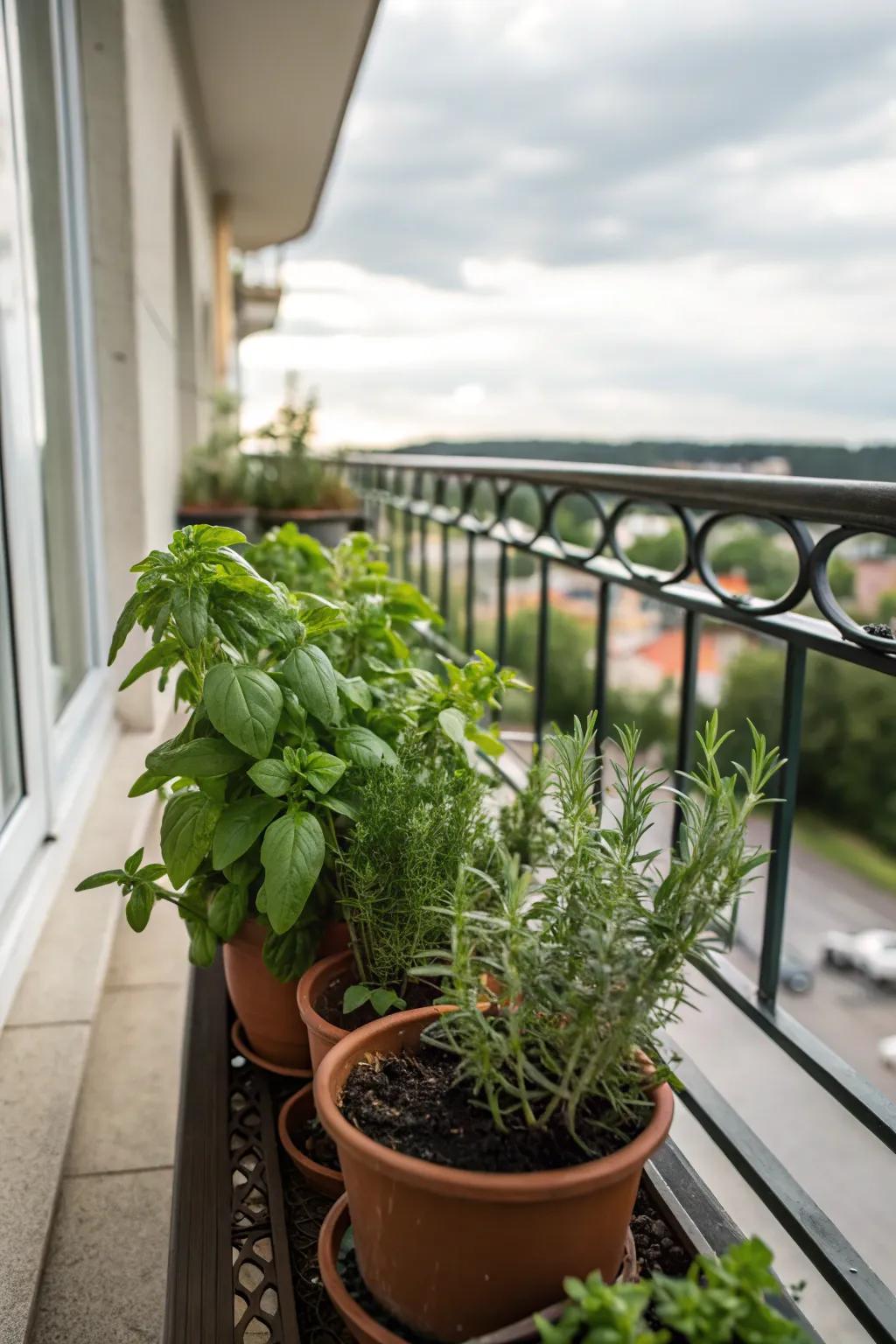A mini herb garden adds freshness and aroma to your balcony.