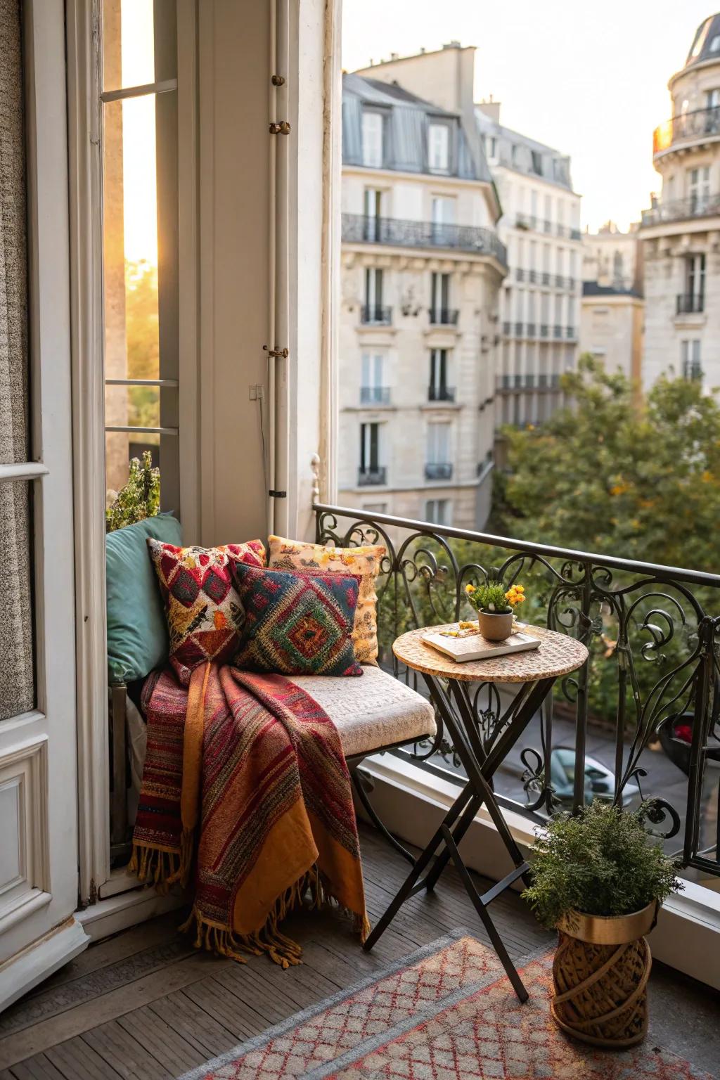 Cozy textiles make your balcony a perfect retreat for relaxation.