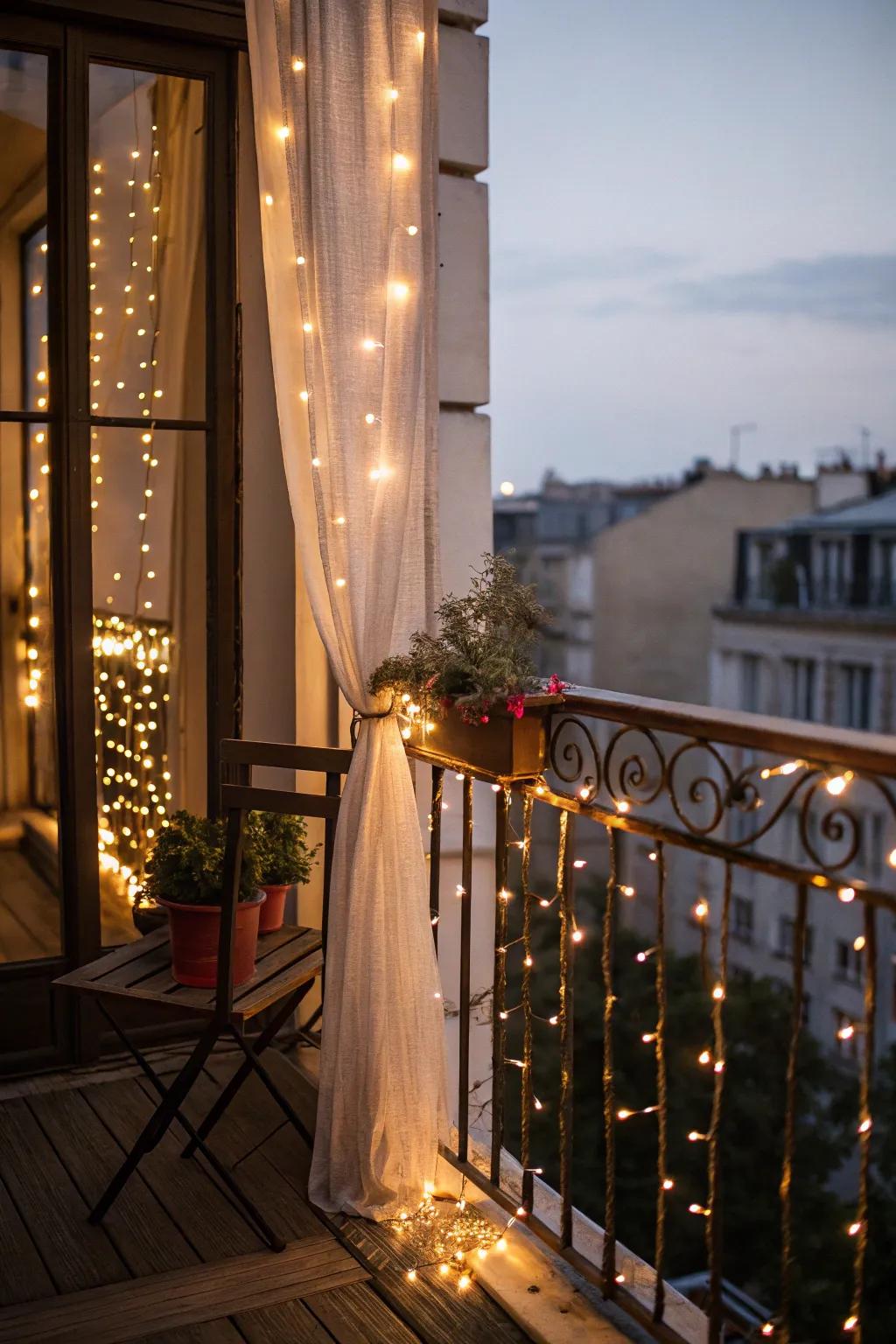 Elegant lighting transforms your balcony into an enchanting retreat.