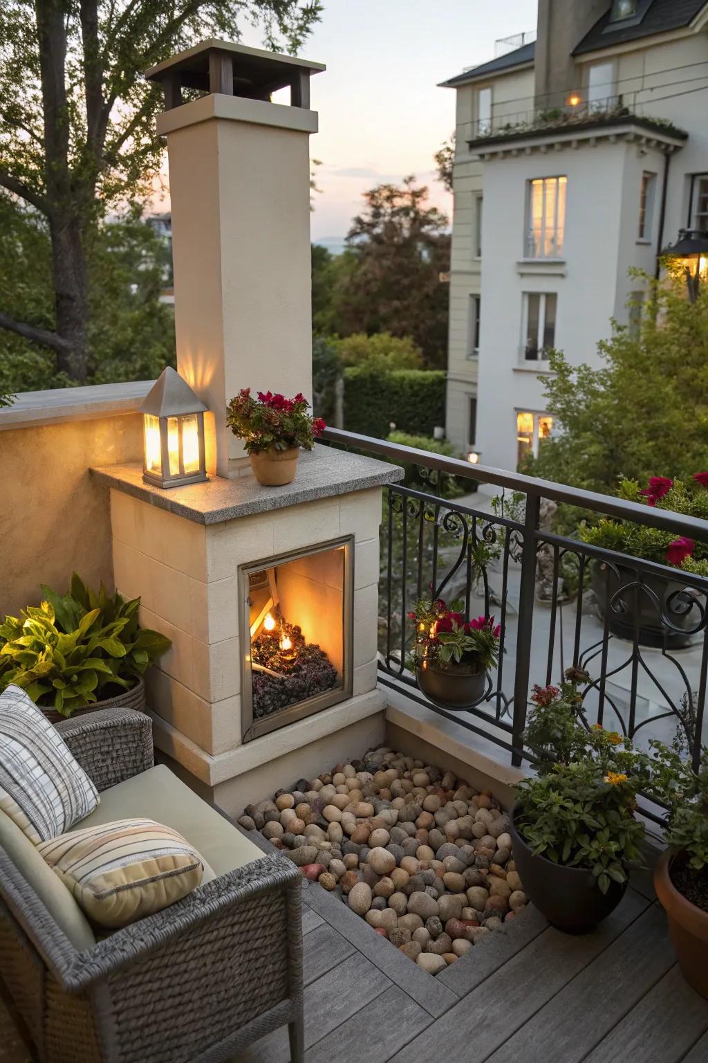 An outdoor fireplace brings warmth and a cozy atmosphere to your balcony.