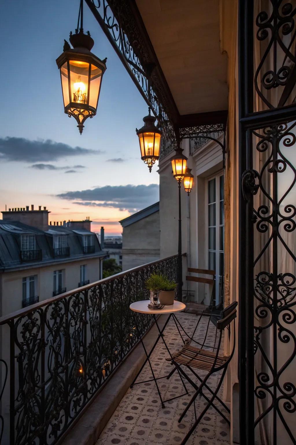 Hanging lanterns set a charming mood for evening relaxation.