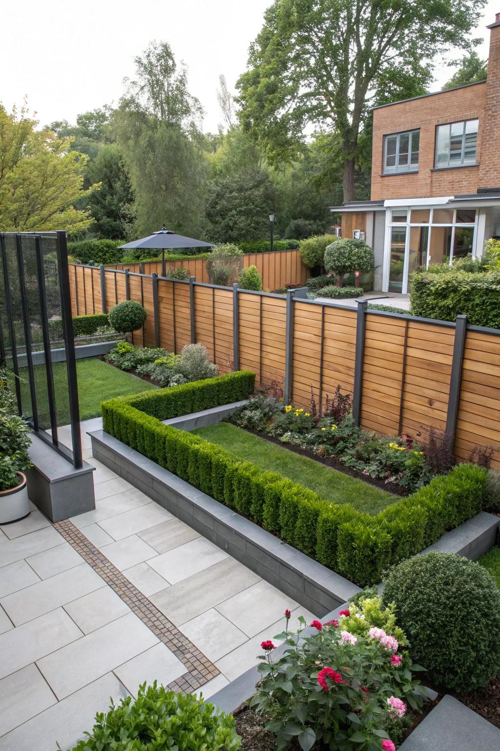 Wood and metal fences offer a perfect blend of warmth and modernity.