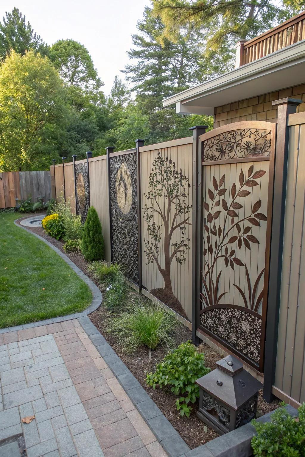 Artistic metal panels transform fences into stunning visual features.
