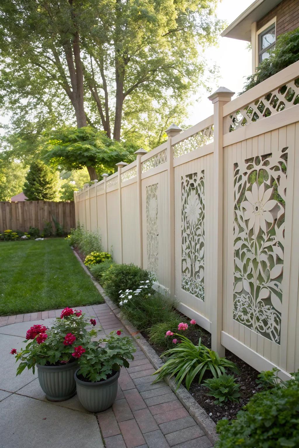 Privacy fences with artistic cutouts blend seclusion with style.