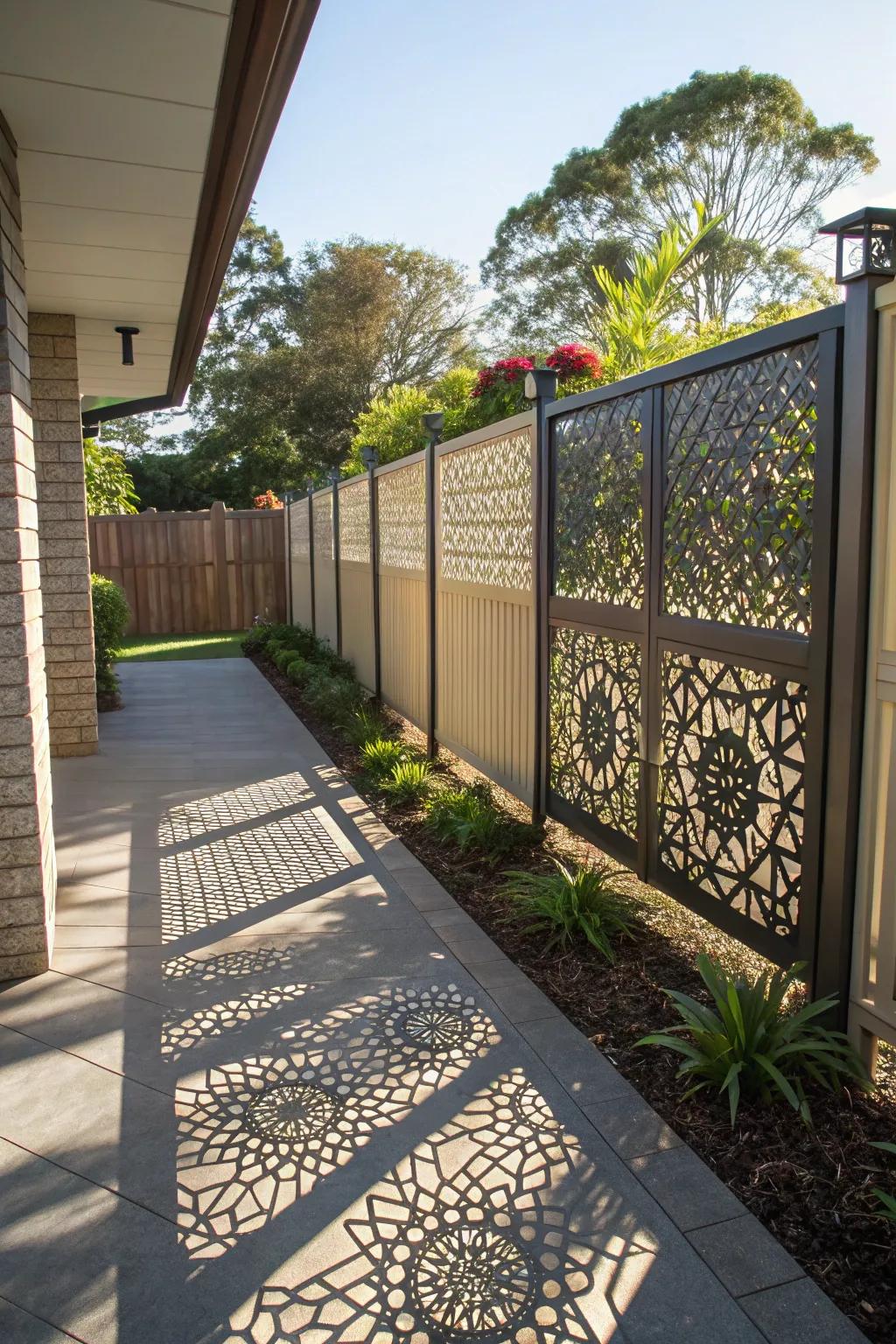 Laser-cut panels add intricate designs and shadows to modern fences.