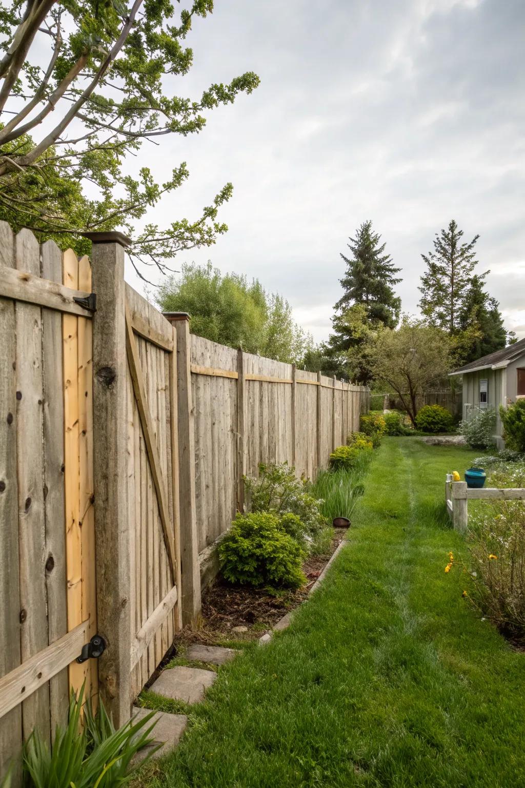 Reclaimed wood fences add historical charm and eco-friendliness to gardens.