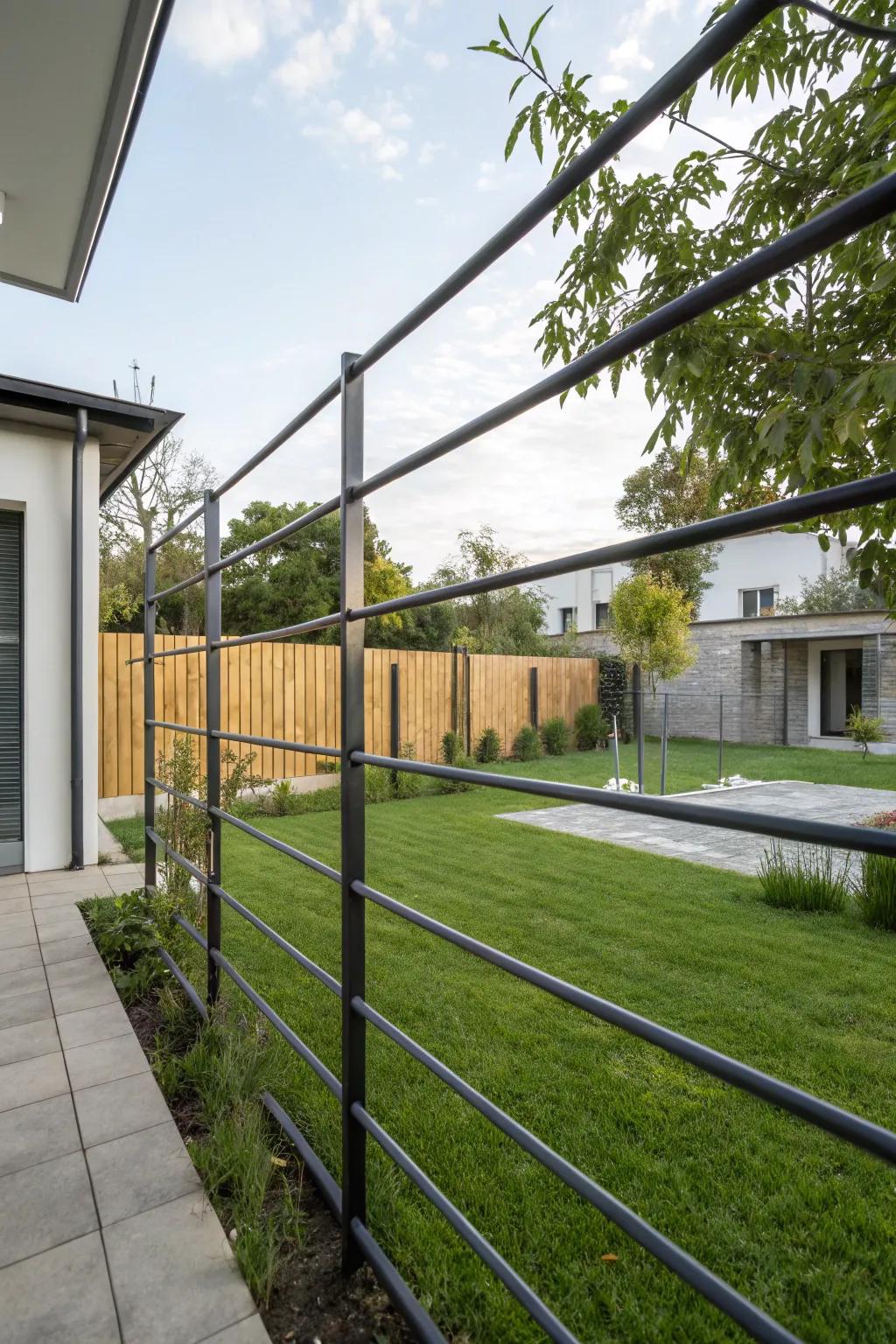 A minimalist metal fence provides a sleek and sophisticated edge.