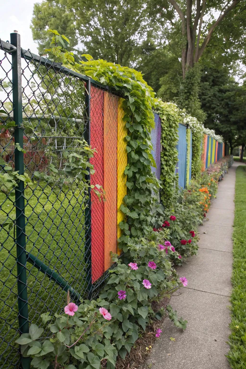 Chain link fences can be modernized with colors and greenery.