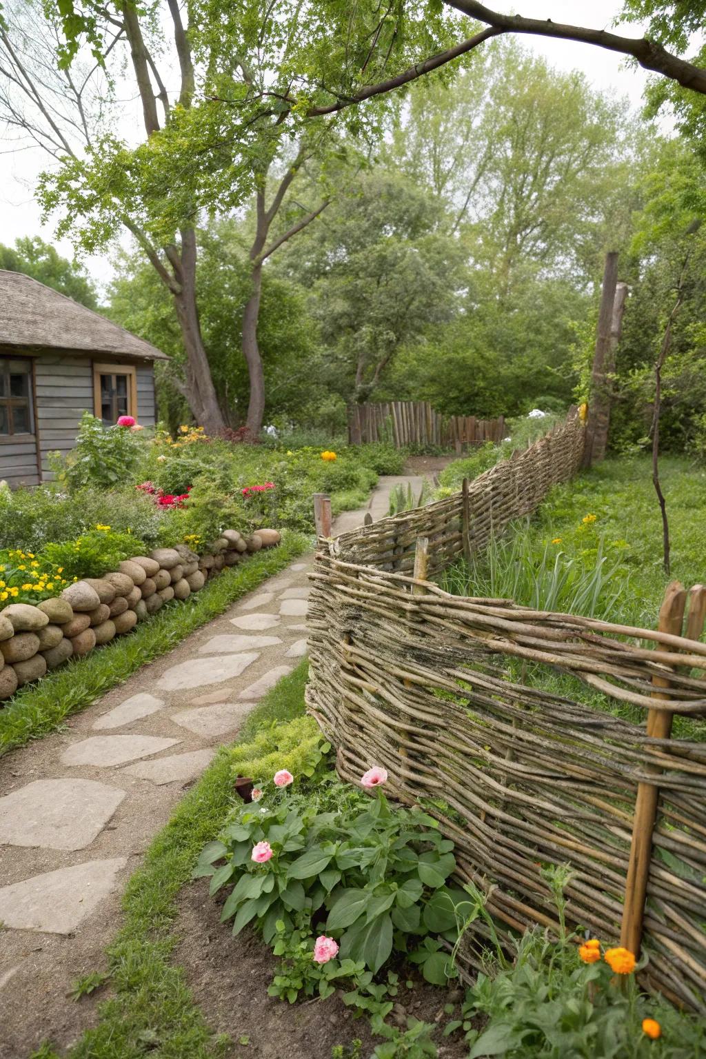 Woven willow fences provide rustic charm and natural beauty.
