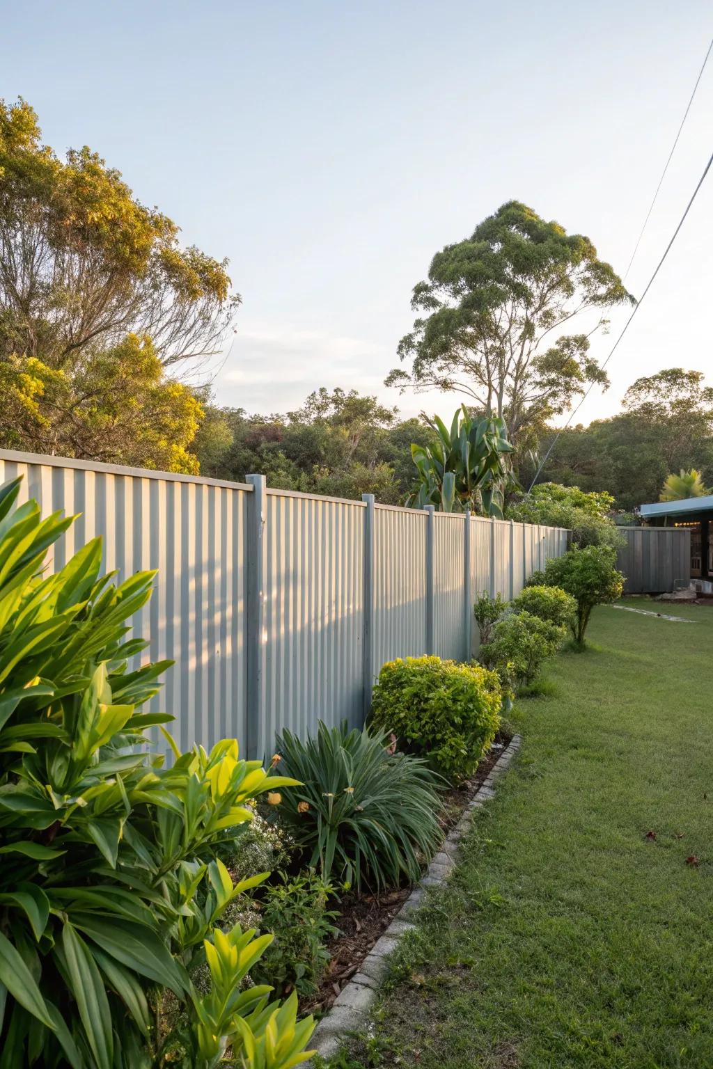 Corrugated metal fences add industrial contrast to garden spaces.