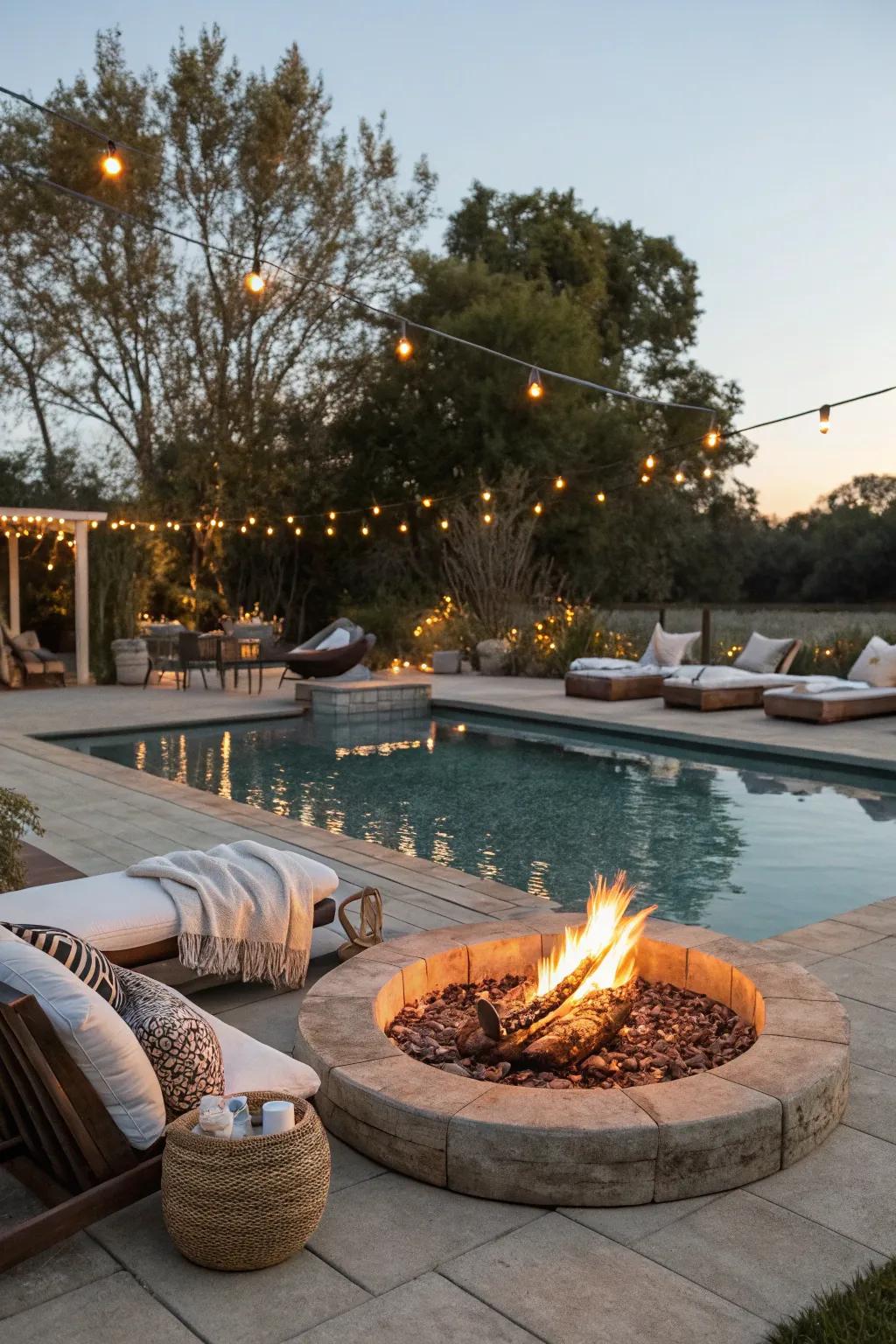 Fire elements bring warmth and ambiance to your poolside evenings.