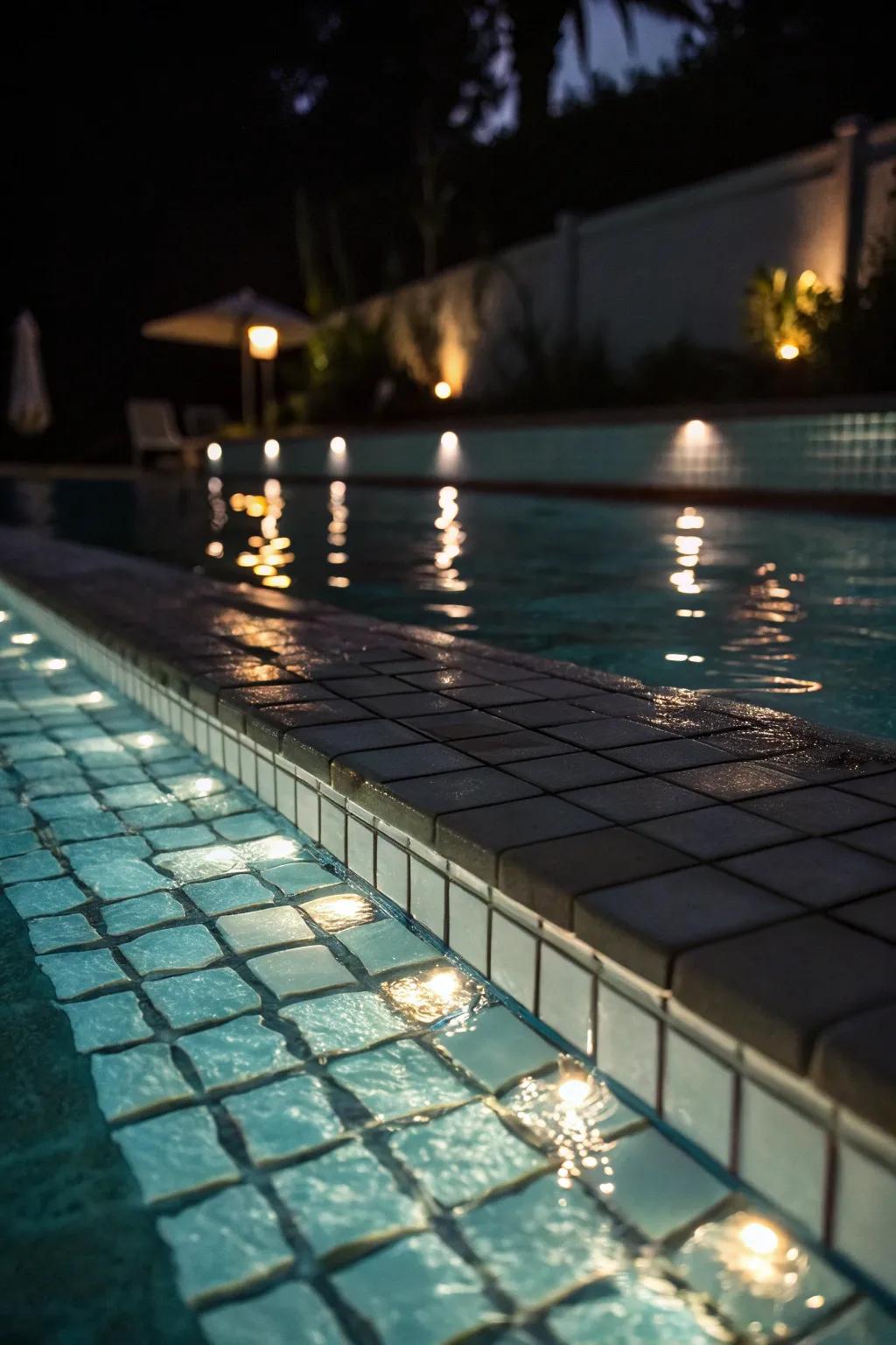 Glow-in-the-dark tiles add a whimsical touch to your pool at night.