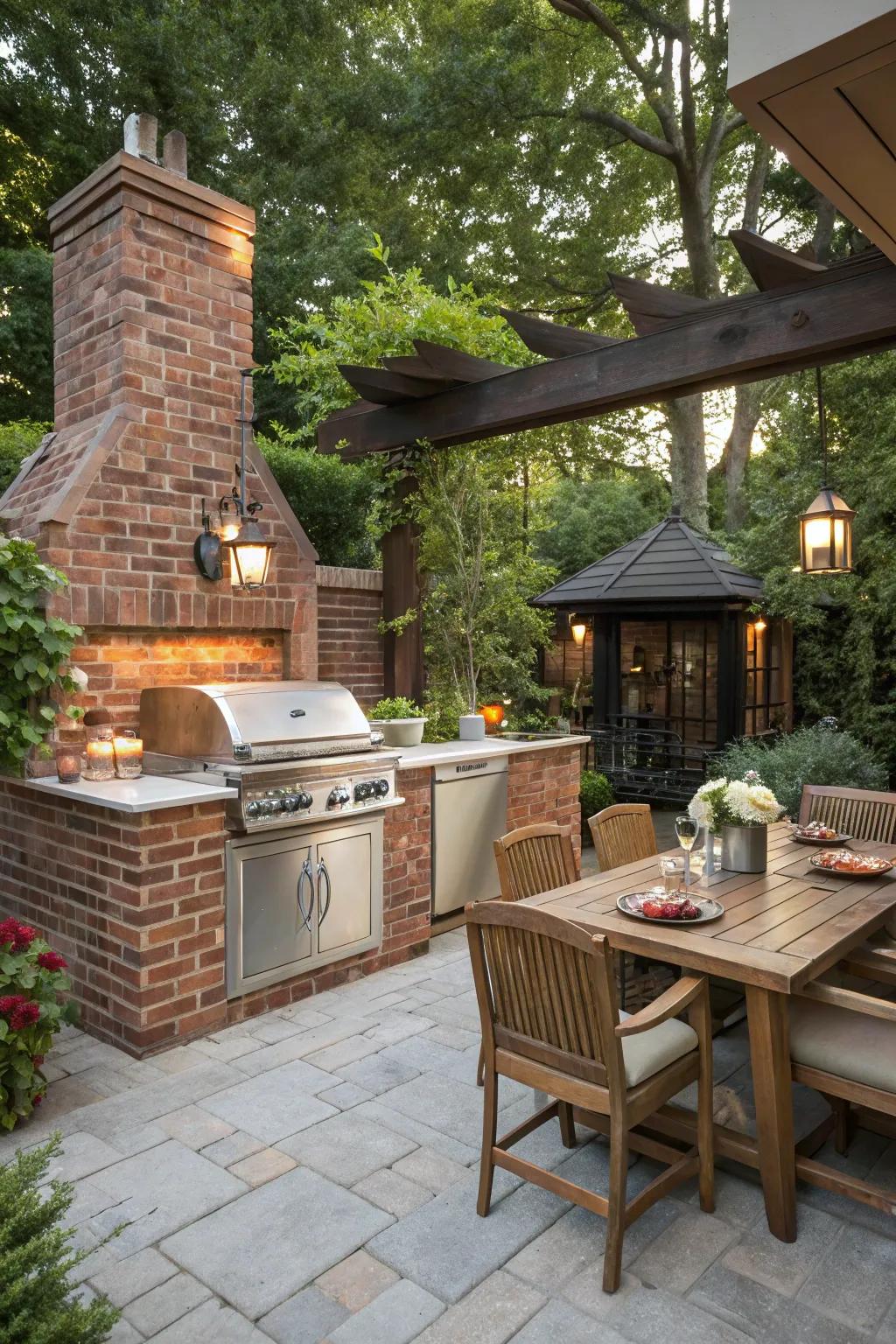 Classic brick veneer adds a timeless touch to any outdoor kitchen.