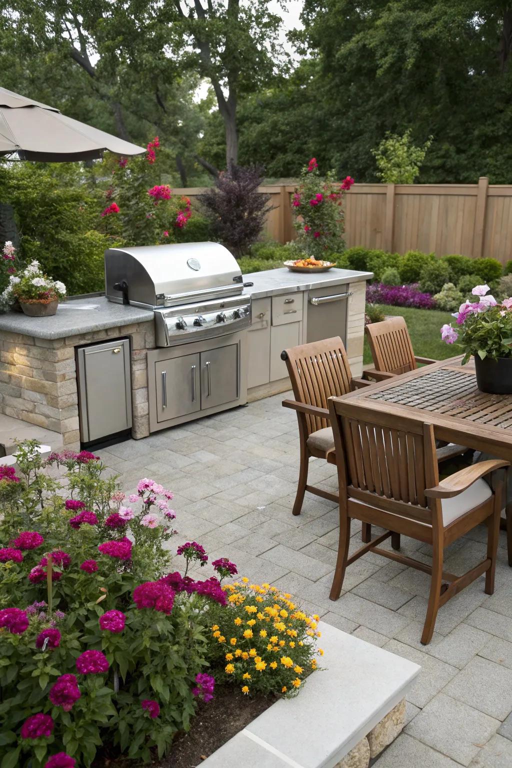 A cozy corner for dining and socializing around the grill.