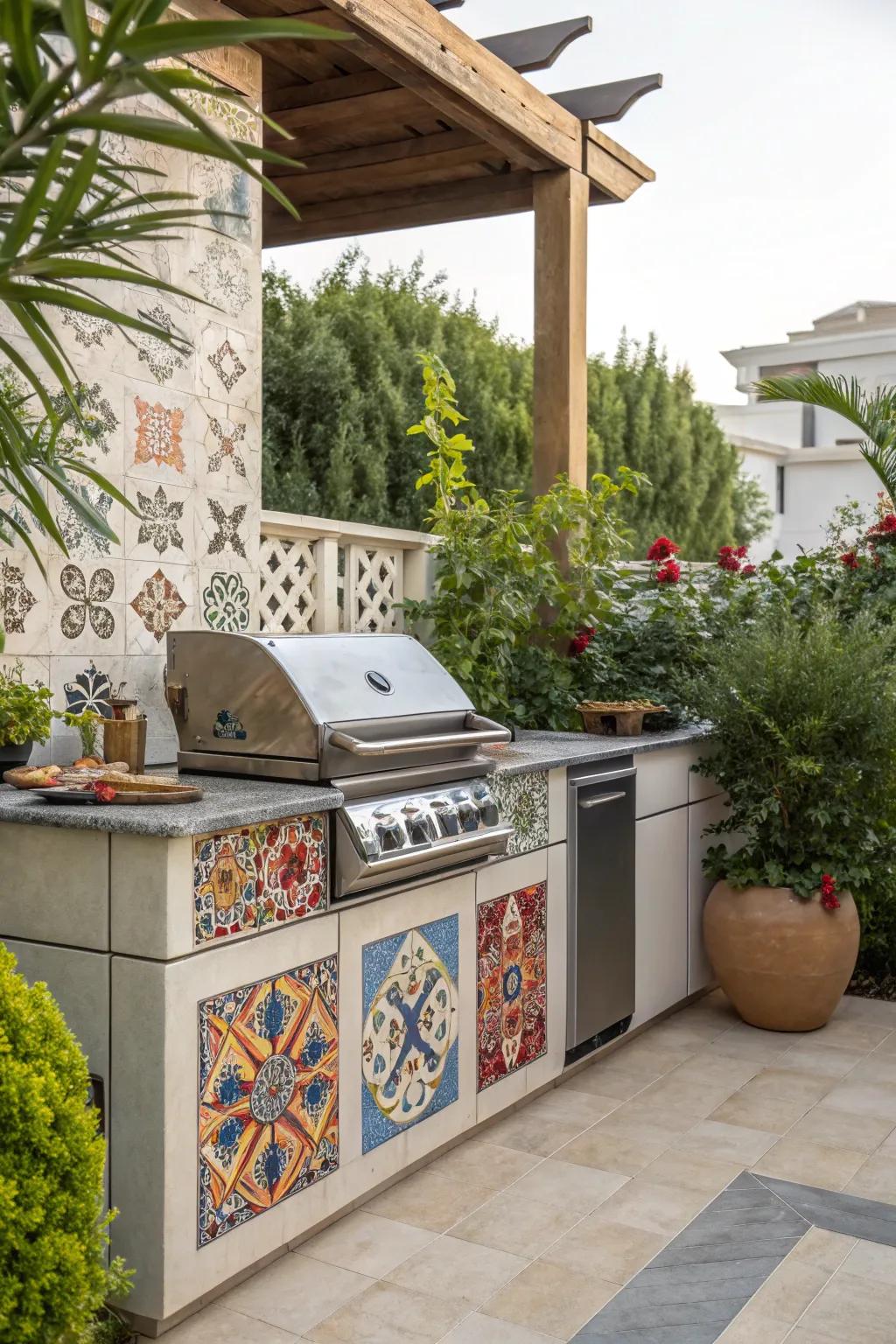 Vibrant tile accents for a stylish and personalized grill area.