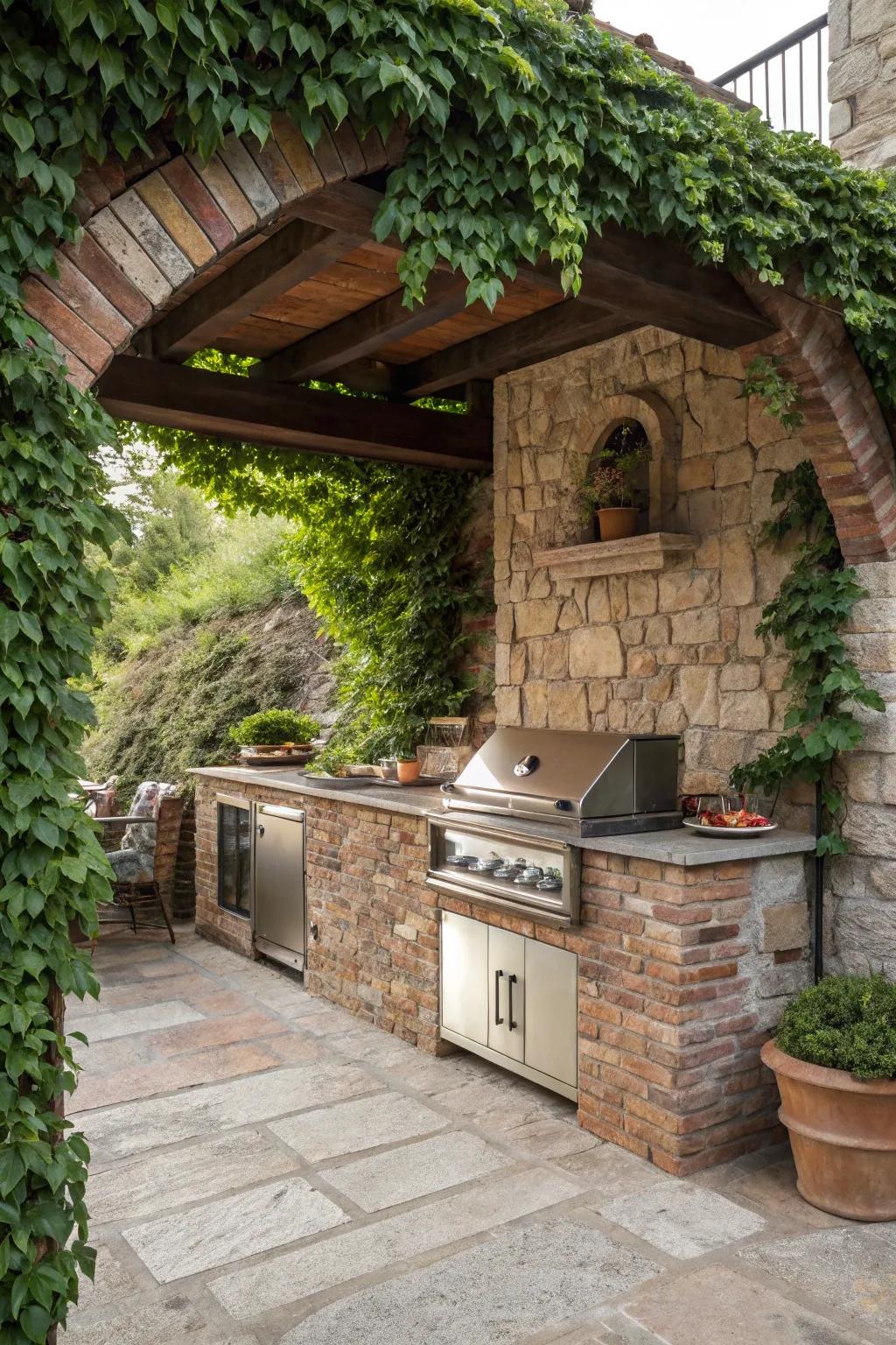 A rustic stone and brick outdoor kitchen, perfect for a classic barbecue experience.