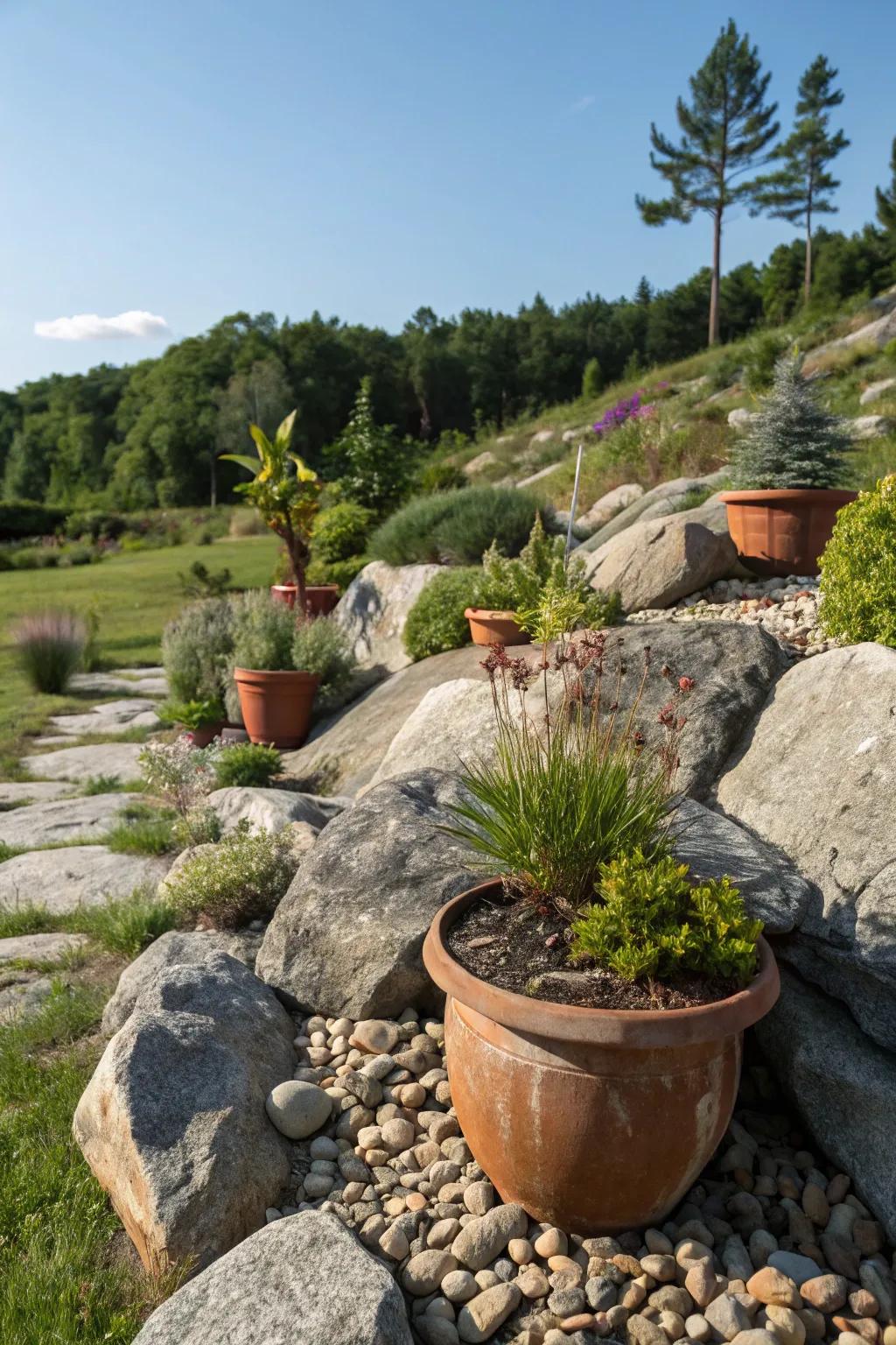 Rocks as pot bases create a seamless garden blend.