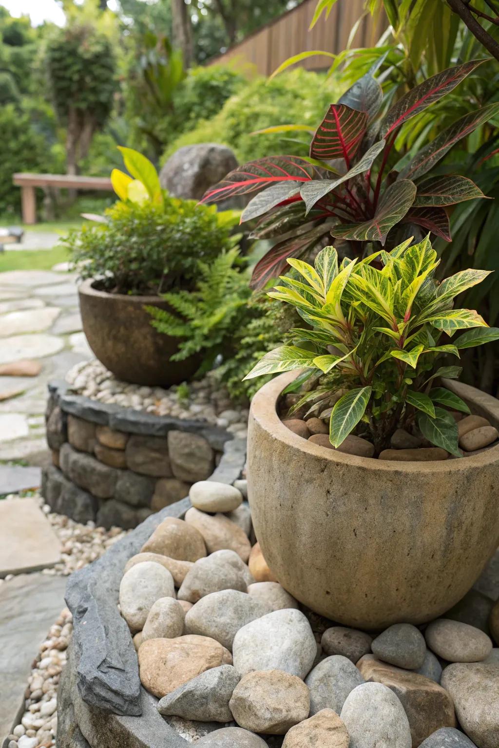 Contrasting foliage colors add artistic flair to the garden.