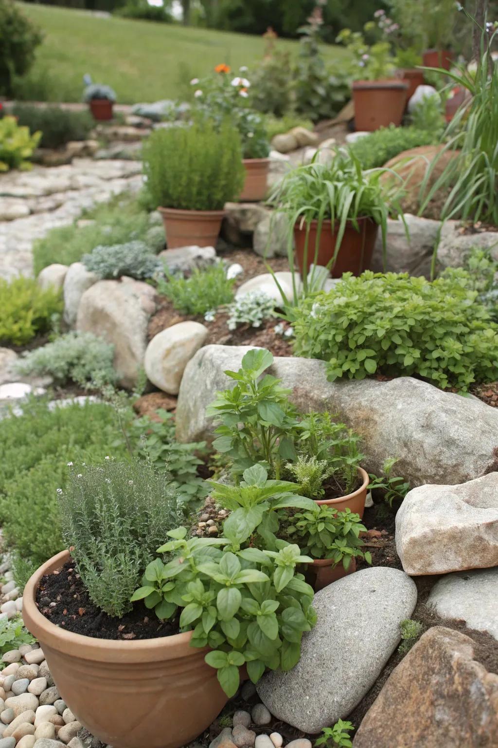 Herbs in pots add an aromatic and practical touch.
