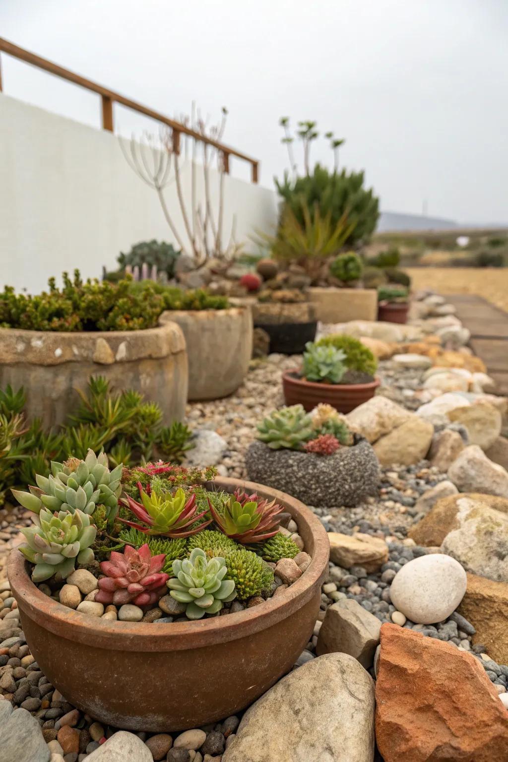Succulents in pots create a vibrant, low-maintenance garden.
