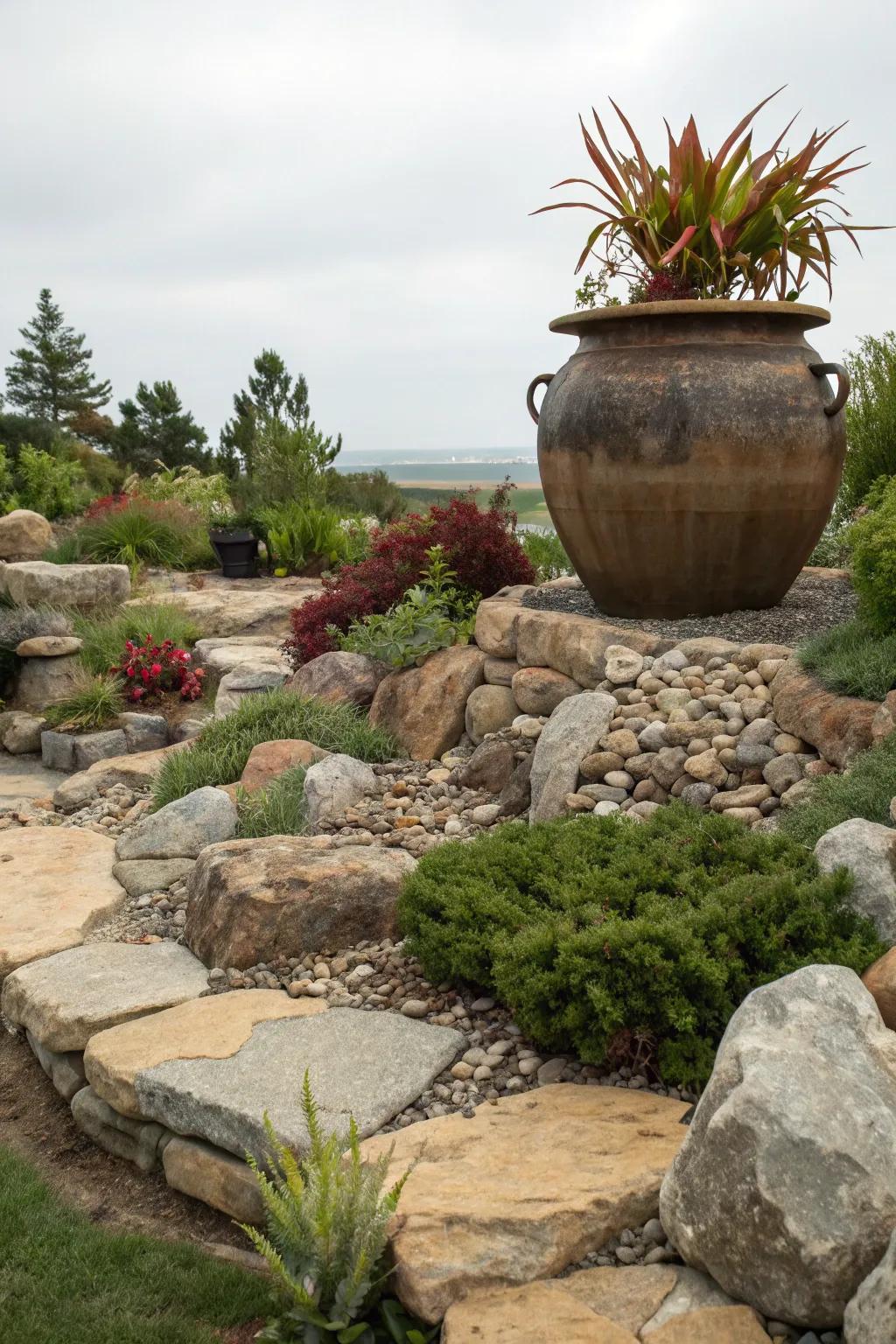 Large pots as centerpieces create a garden focal point.