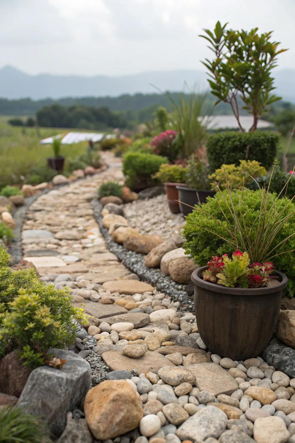 Pebble paths with pots invite exploration and cohesion.